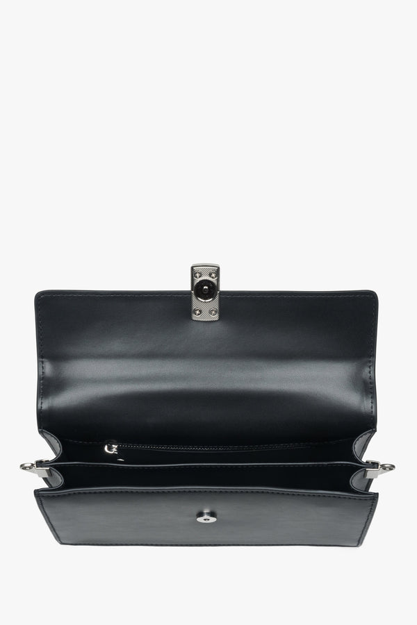 Black leather crossbody bag for women with two compartments and silver hardware, Estro.