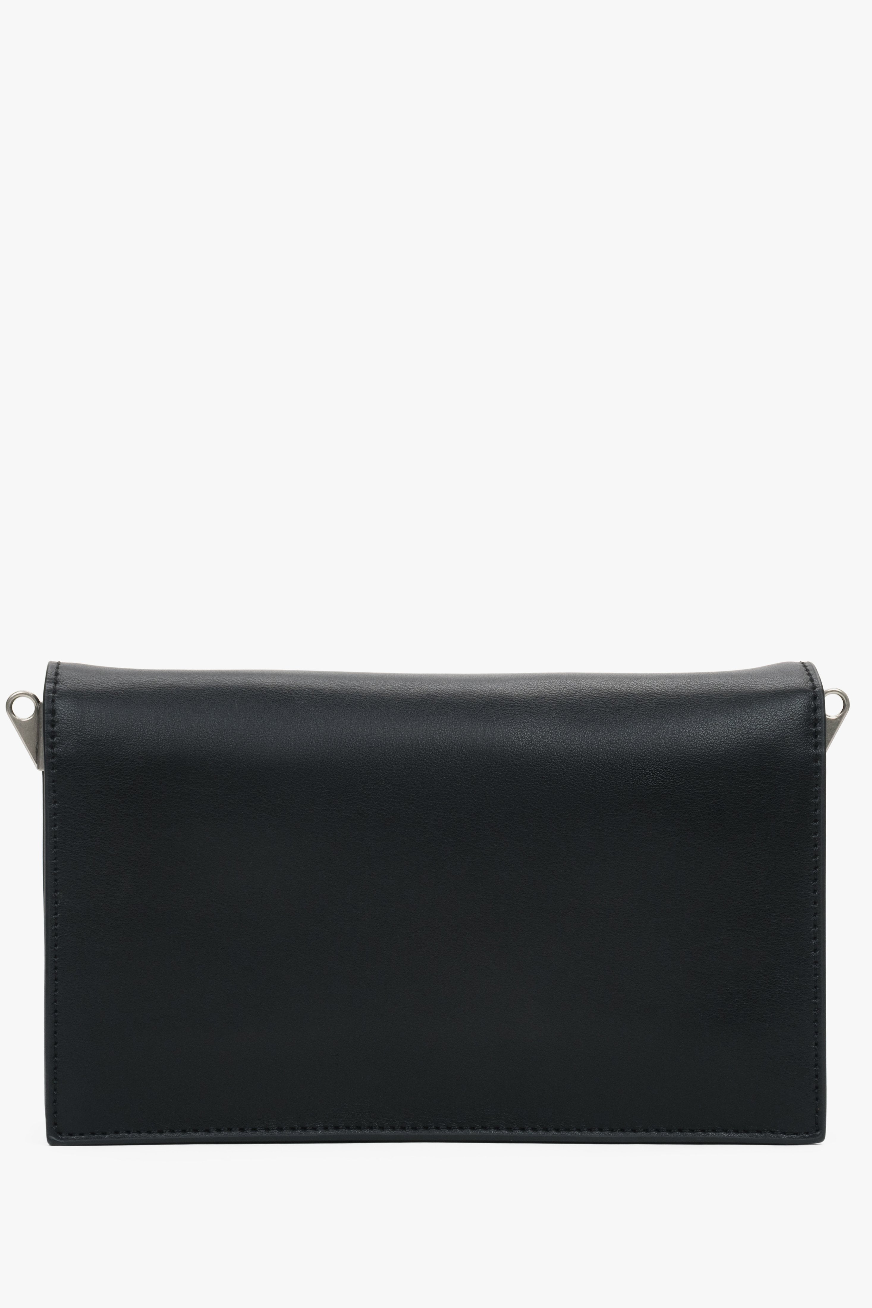 Genuine leather small black crossbody bag with stylish silver details, perfect for everyday use.