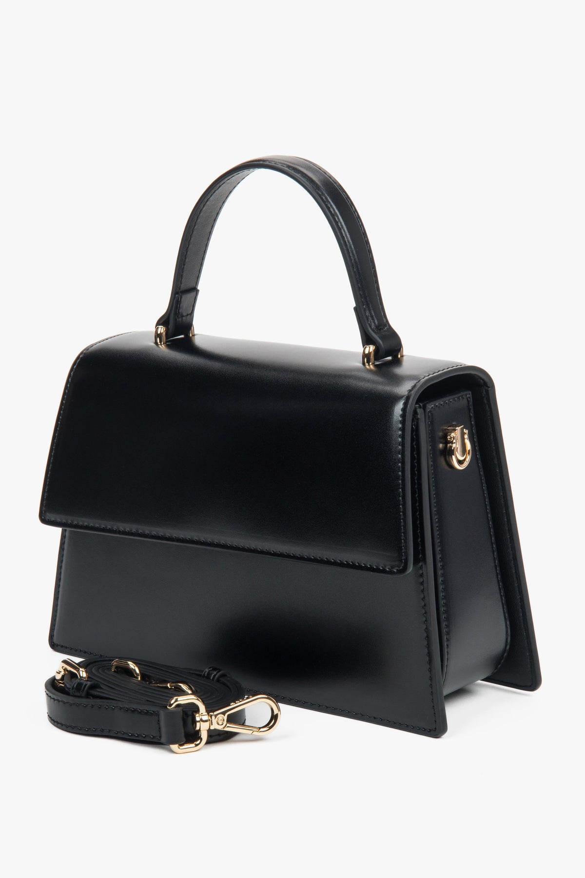 Women’s small black leather satchel handbag by Estro.