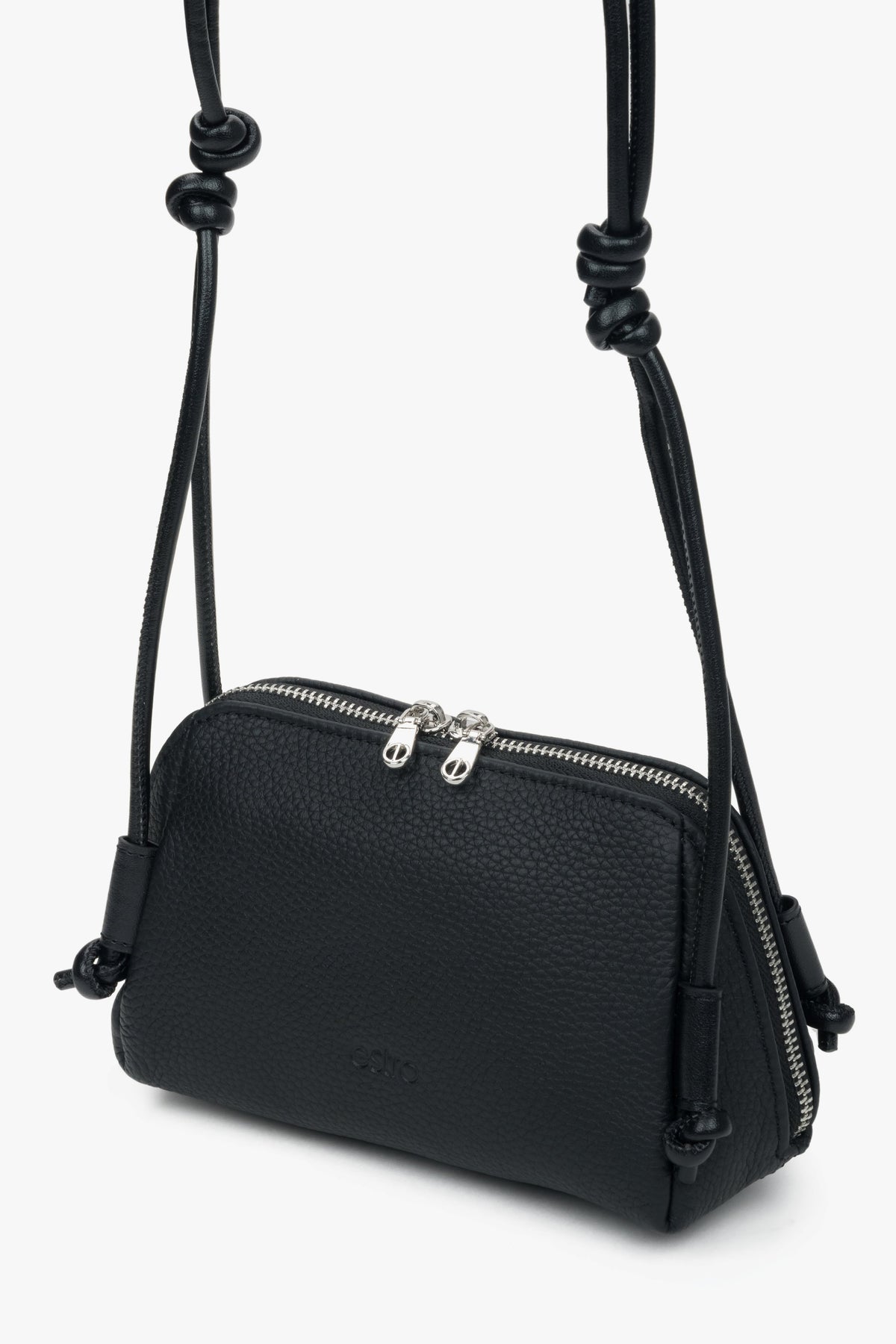 Estro - women's small black soft genuine leather crossbody bag.