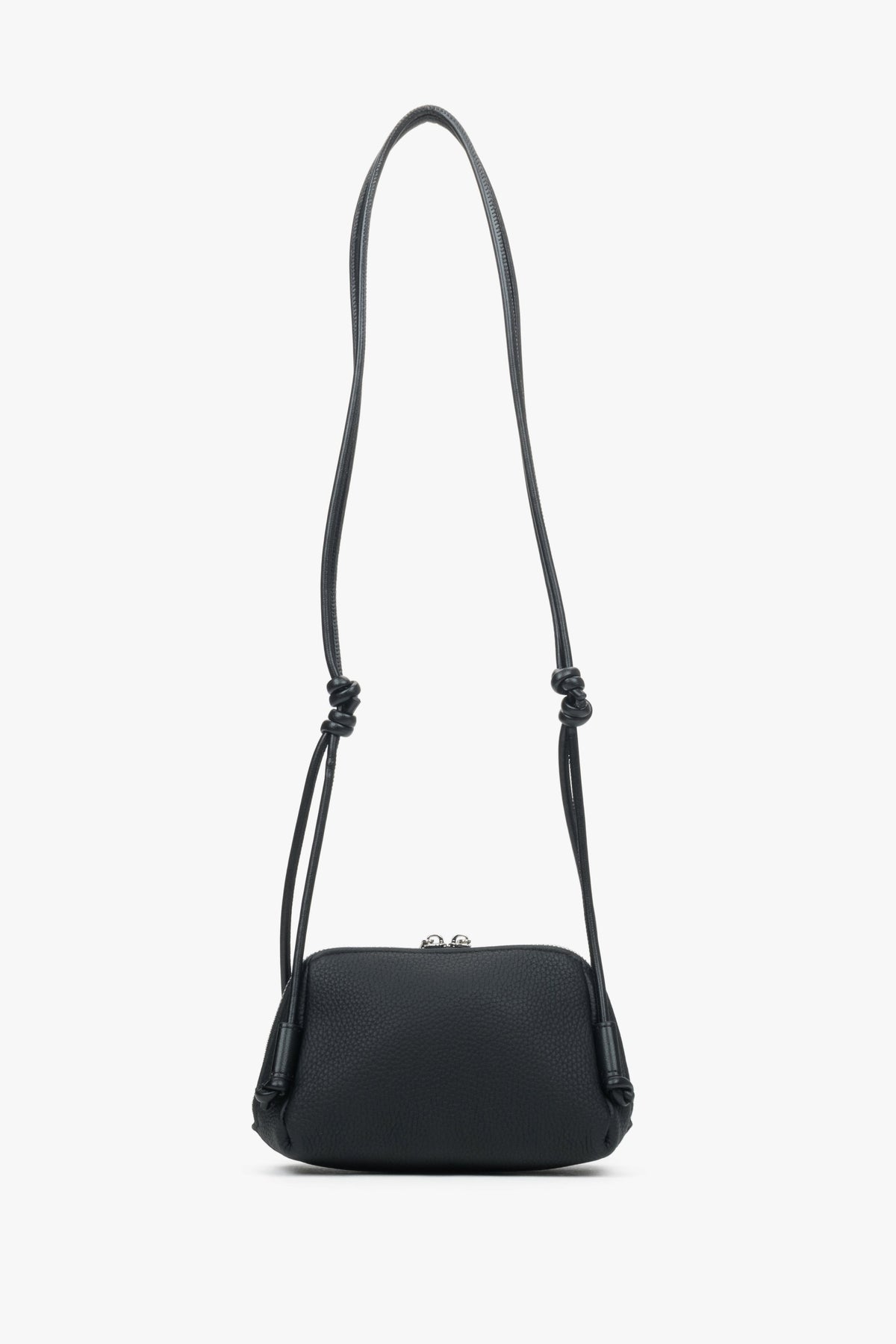Women's small black soft leather crossbody bag Estro - close-up of details.