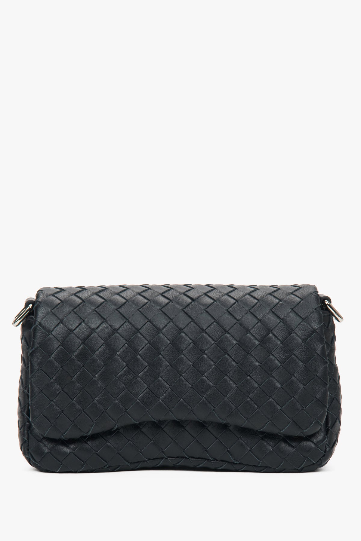 Small black women’s shoulder bag made of woven genuine leather.