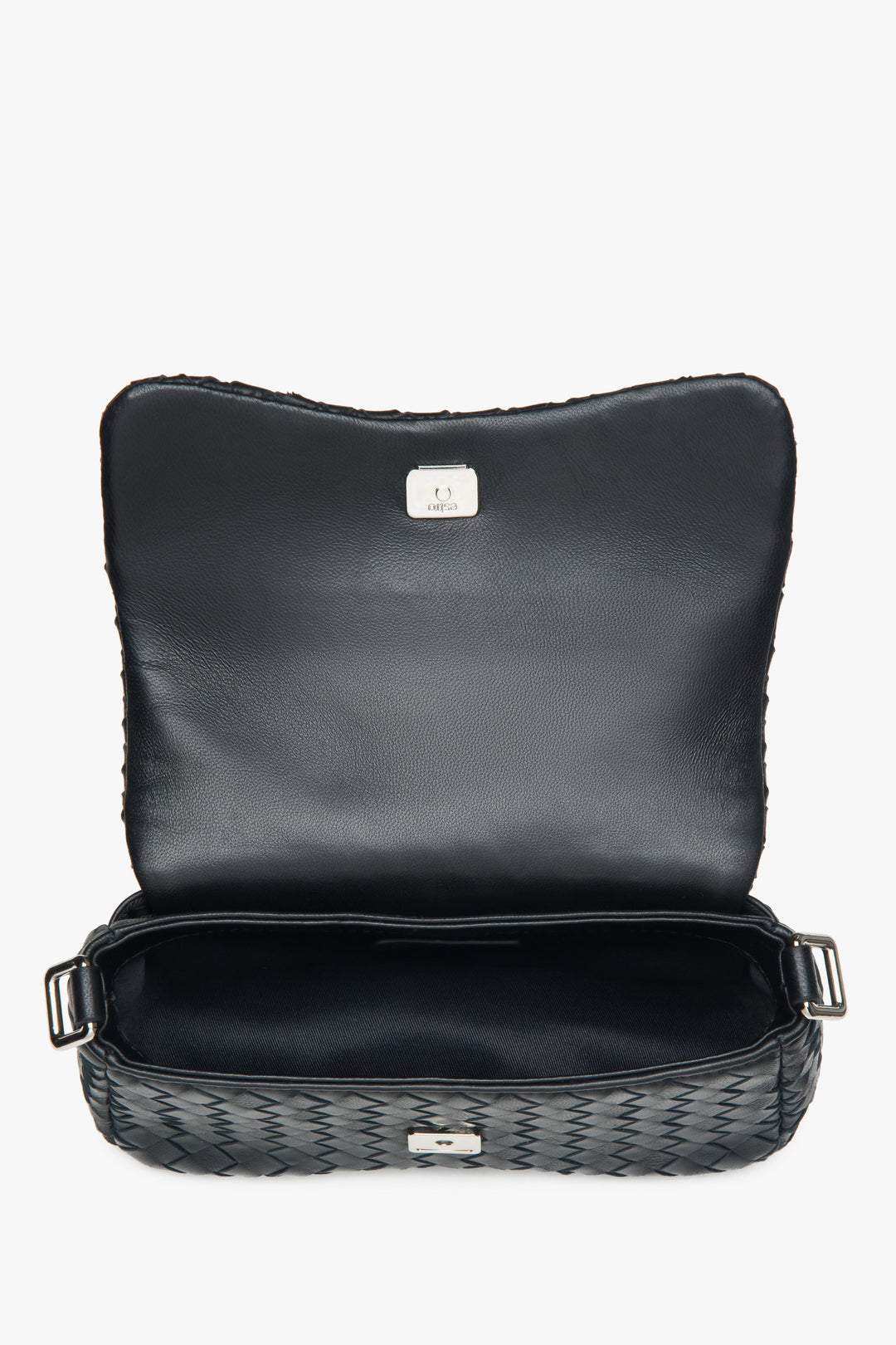 Black women’s shoulder bag made of woven genuine leather.