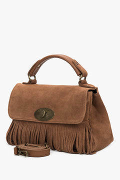 Elegant Estro satchel bag in brown velour presented from the front, highlighting its structured silhouette and refined gold-tone hardware.