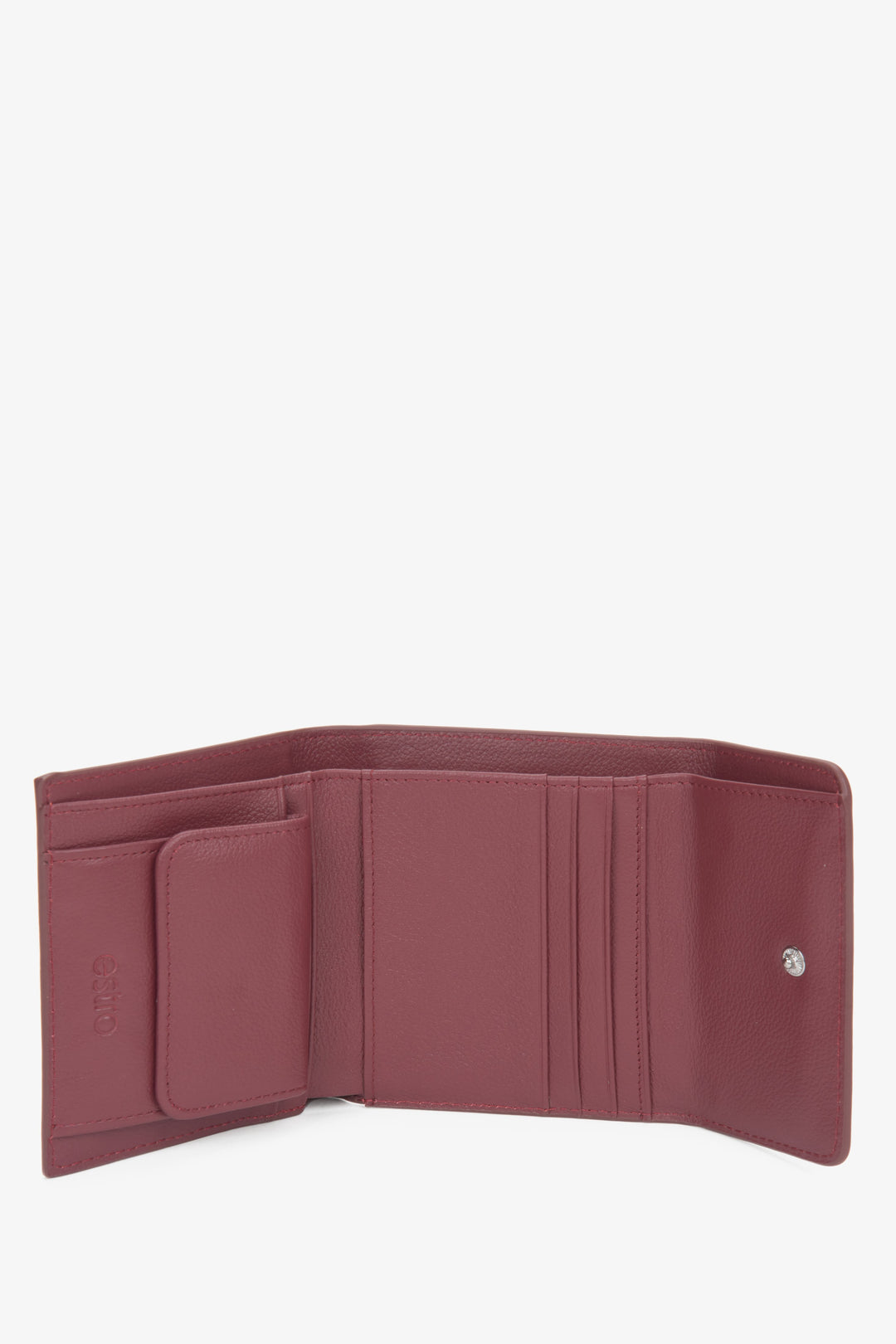 Elegant small burgundy leather women's tri-fold wallet from Estro.