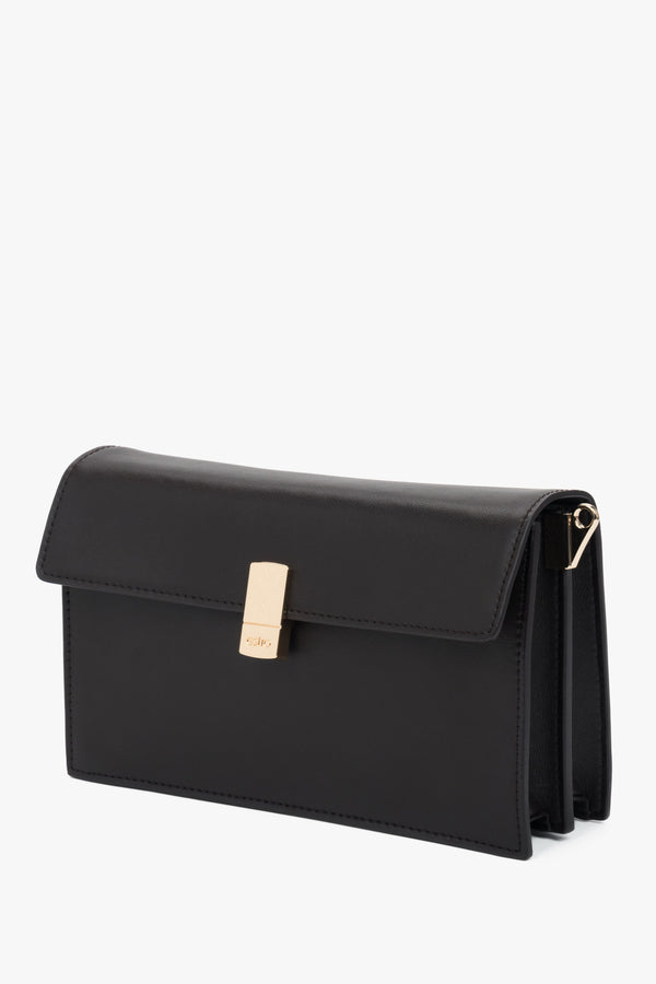 Small dark brown crossbody bag for women in genuine leather with gold hardware.