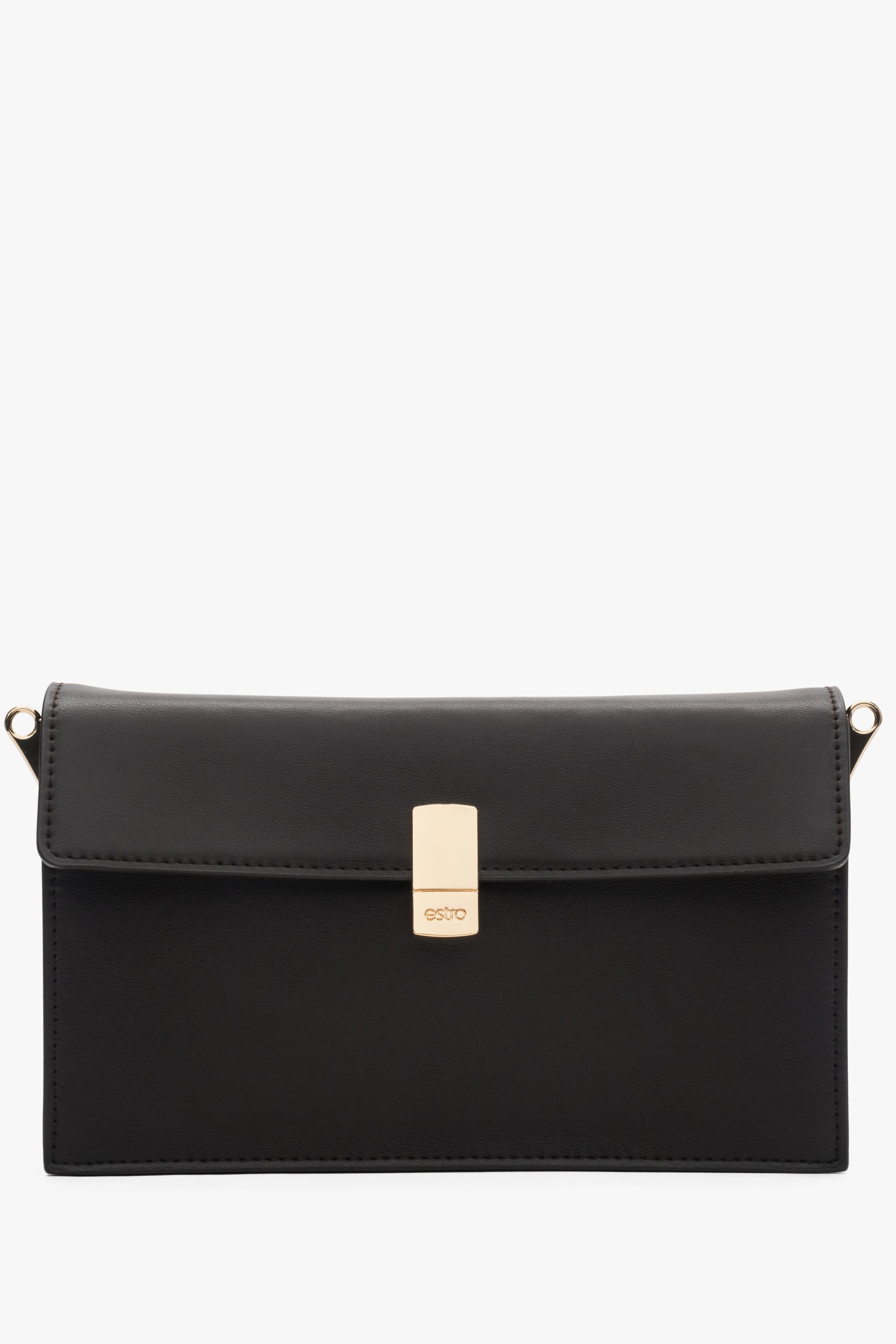 Women’s compact dark brown crossbody bag in leather with elegant gold accents, Estro.
