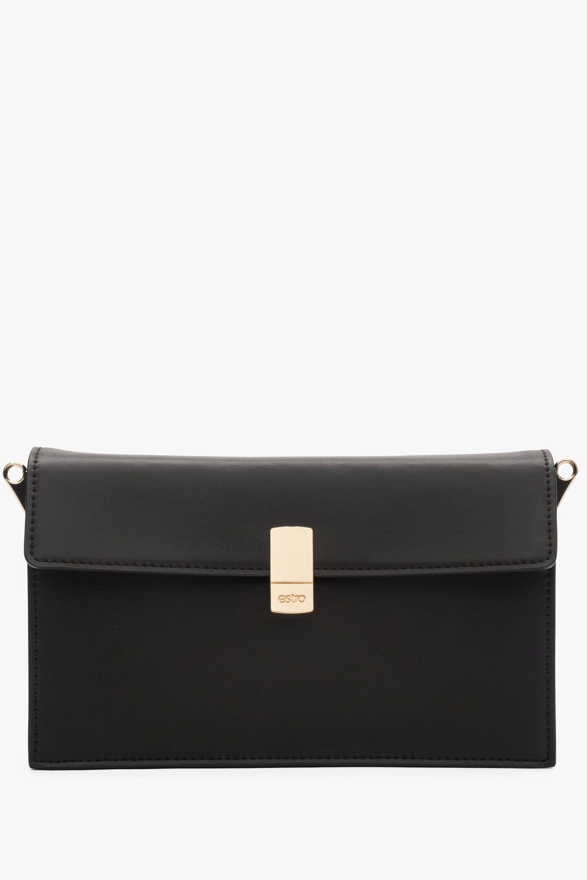 Women’s compact dark brown crossbody bag in leather with elegant gold accents, Estro.
