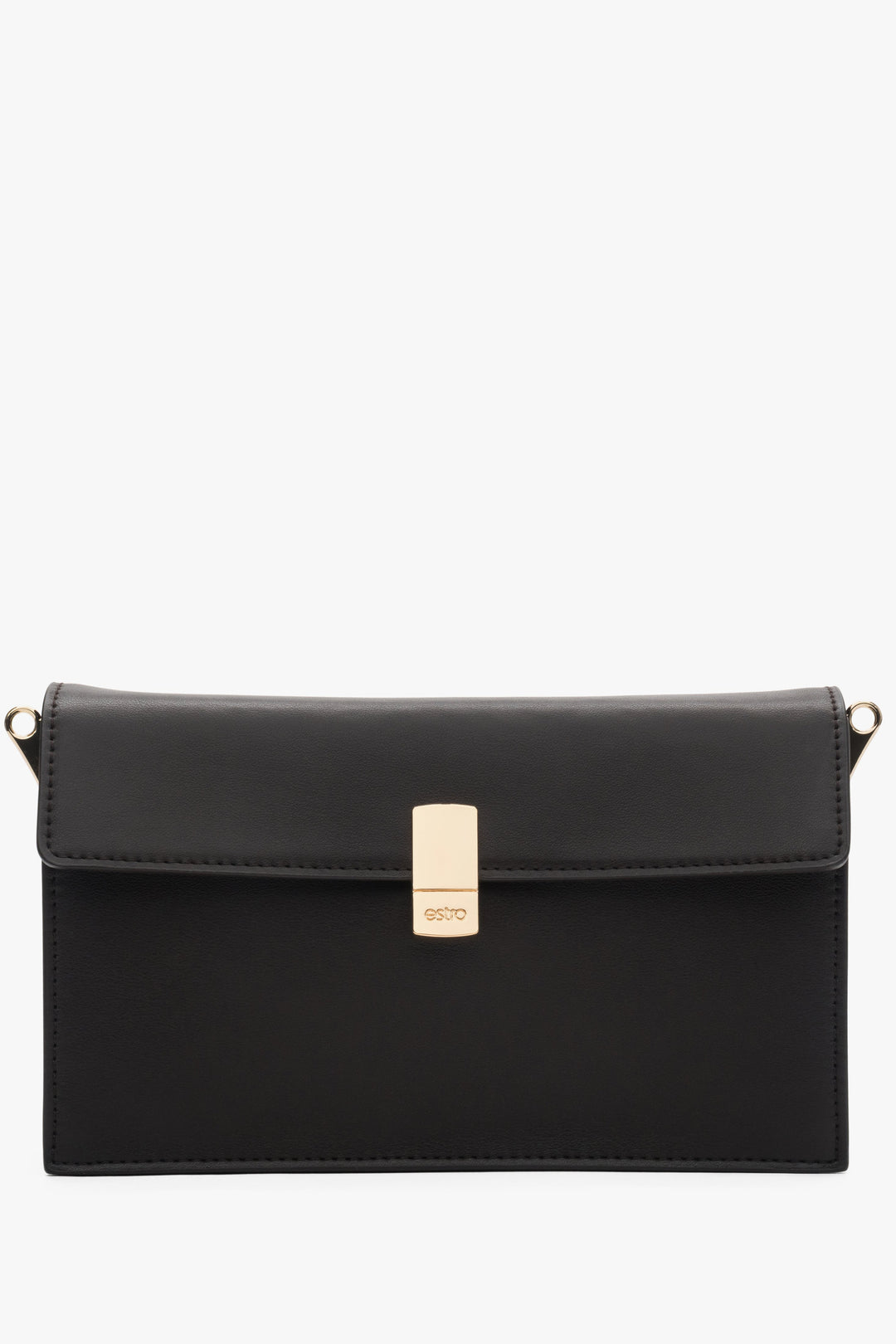 Women’s compact dark brown crossbody bag in leather with elegant gold accents, Estro.