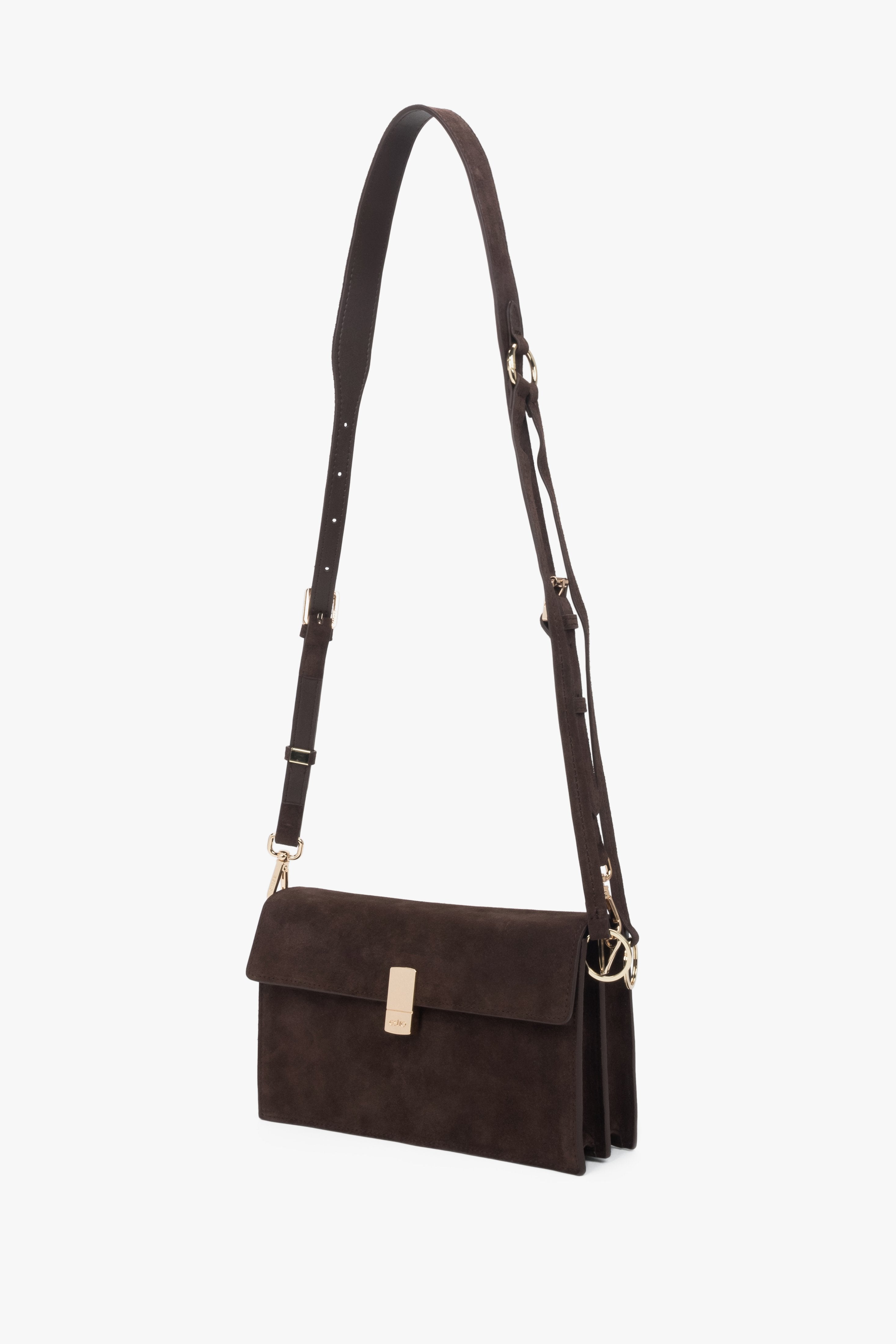Dark brown velour crossbody bag for women with two compartments and gold hardware, Estro.