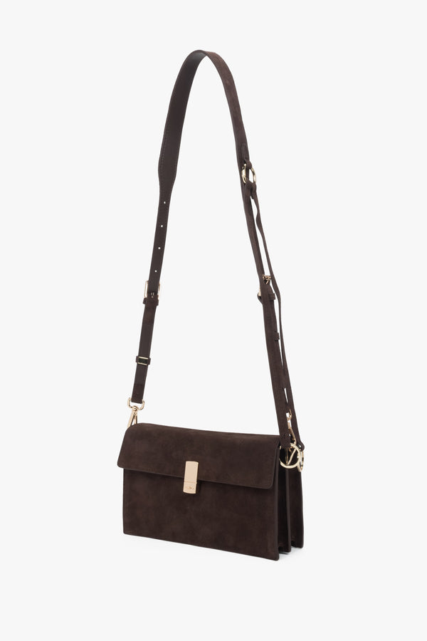 Dark brown velour crossbody bag for women with two compartments and gold hardware, Estro.