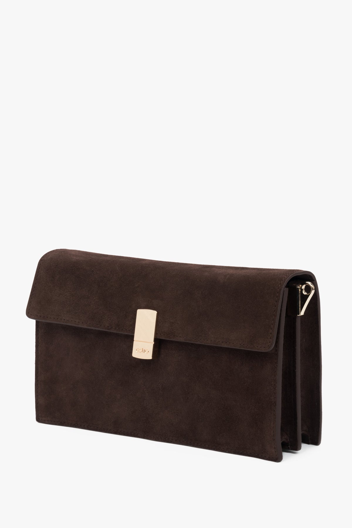 Women’s compact dark brown crossbody bag in velour with elegant gold accents, Estro.