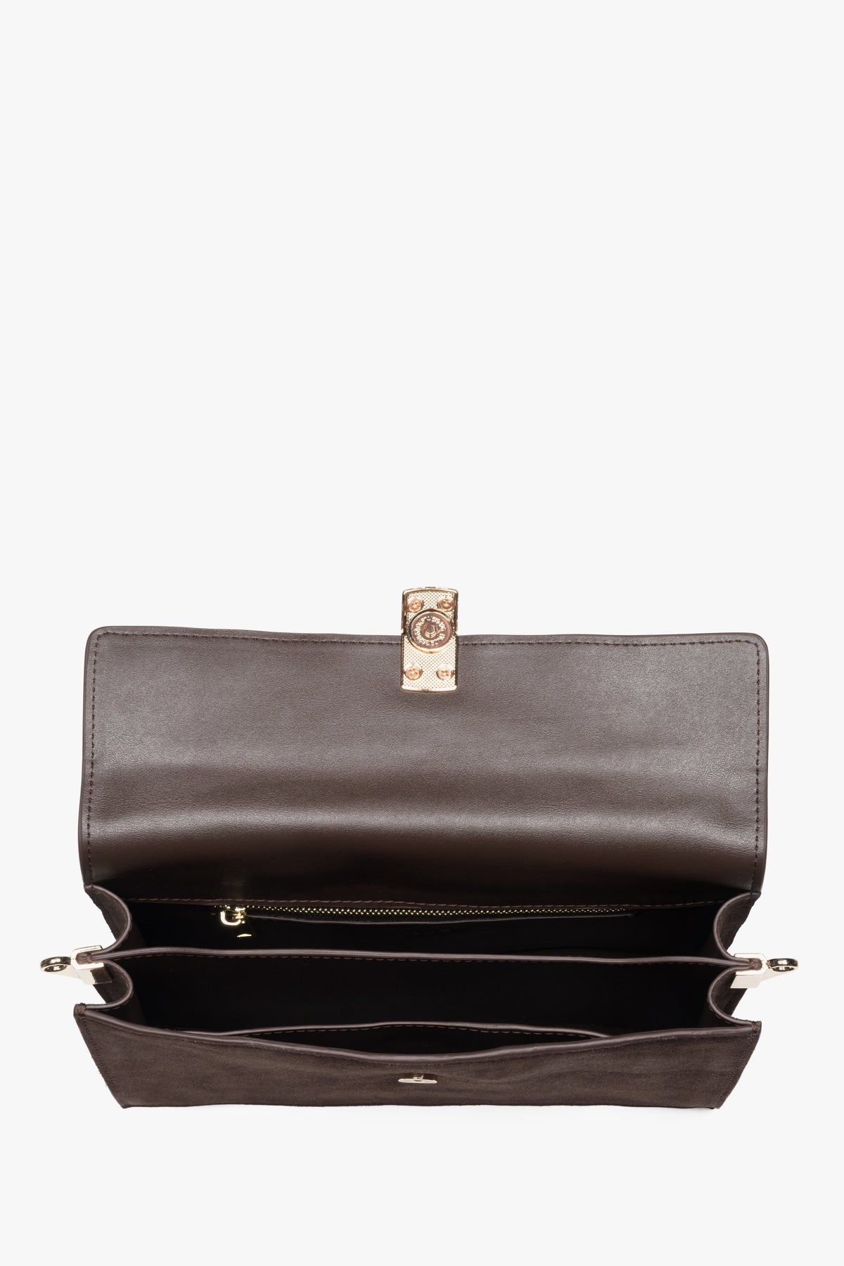 Compact women’s crossbody bag in dark brown velour with stylish gold details, Estro.