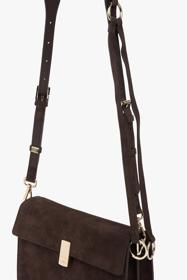 Genuine velour small dark brown crossbody bag with gold hardware, perfect for everyday use.