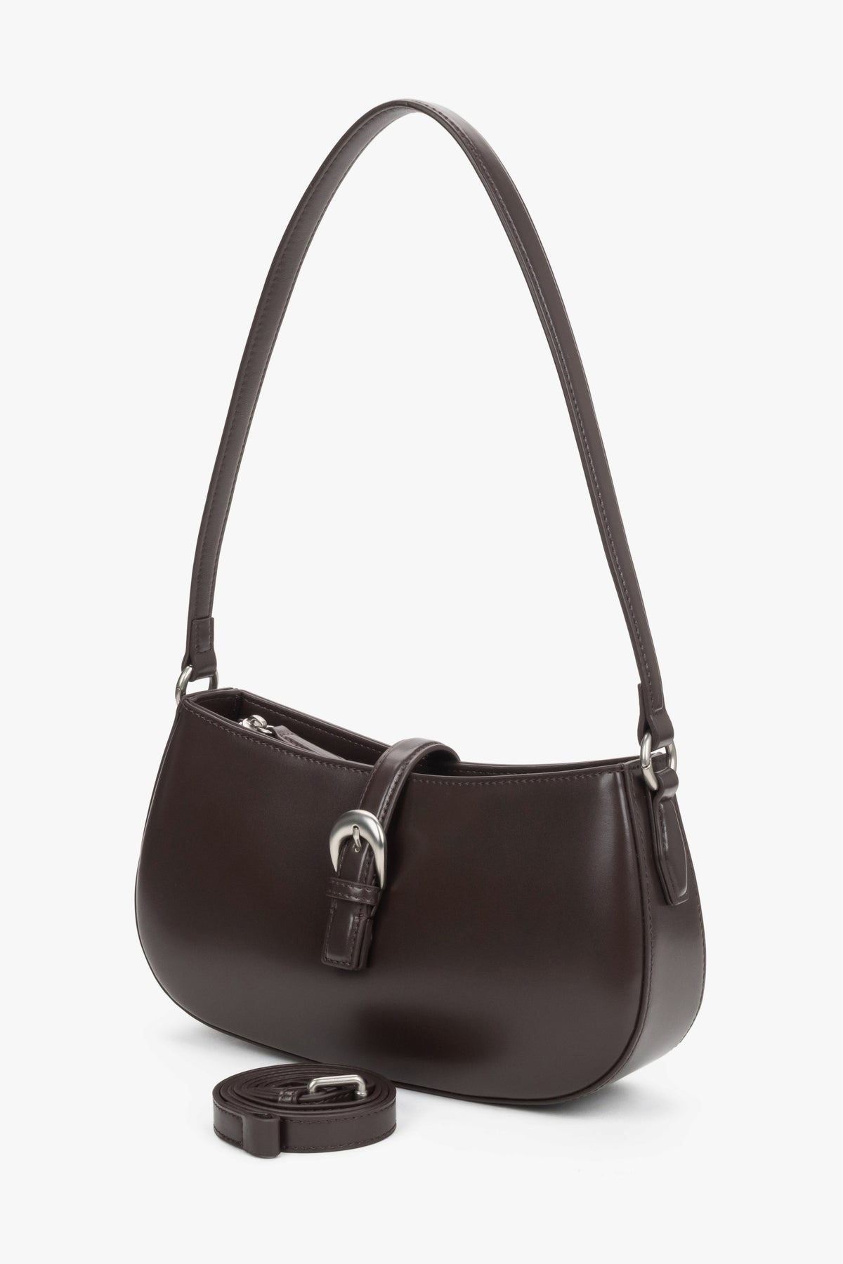Women's dark brown leather shoulder bag Estro - side view showing profile and strap attachment.