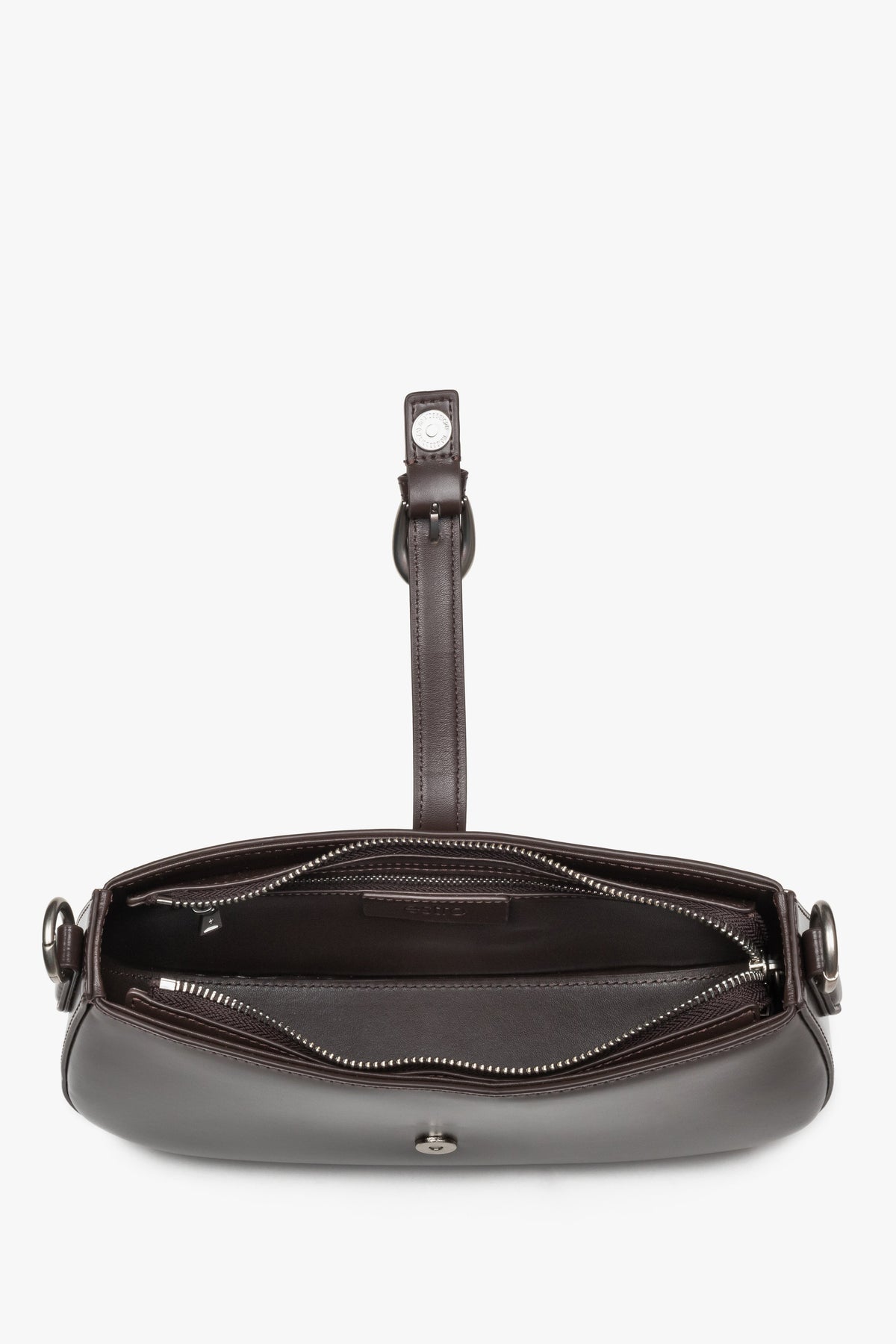 Women's dark brown leather shoulder bag Estro - interior view showing compartment layout and lining.