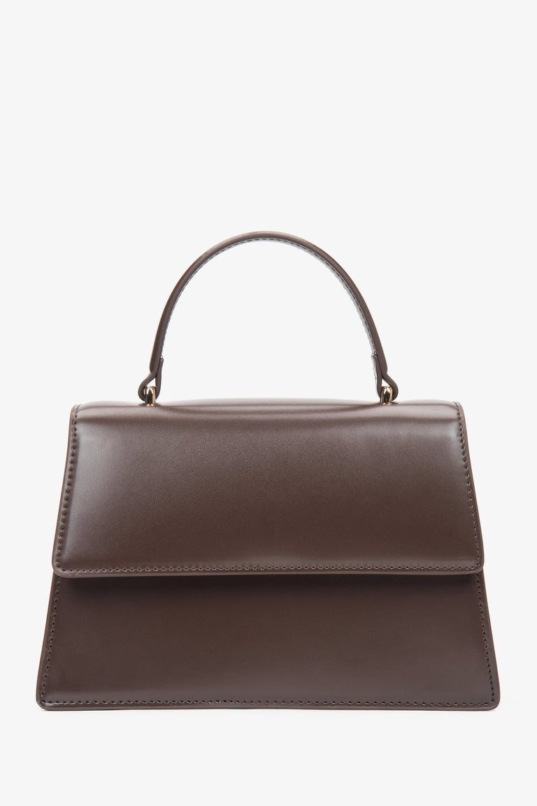 Small dark brown women’s leather satchel handbag.
