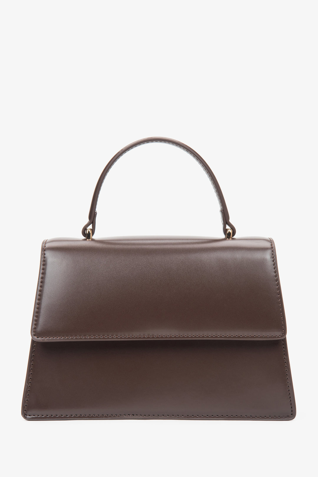 Small dark brown women’s leather satchel handbag.
