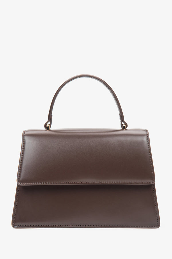 Small dark brown women’s leather satchel handbag.
