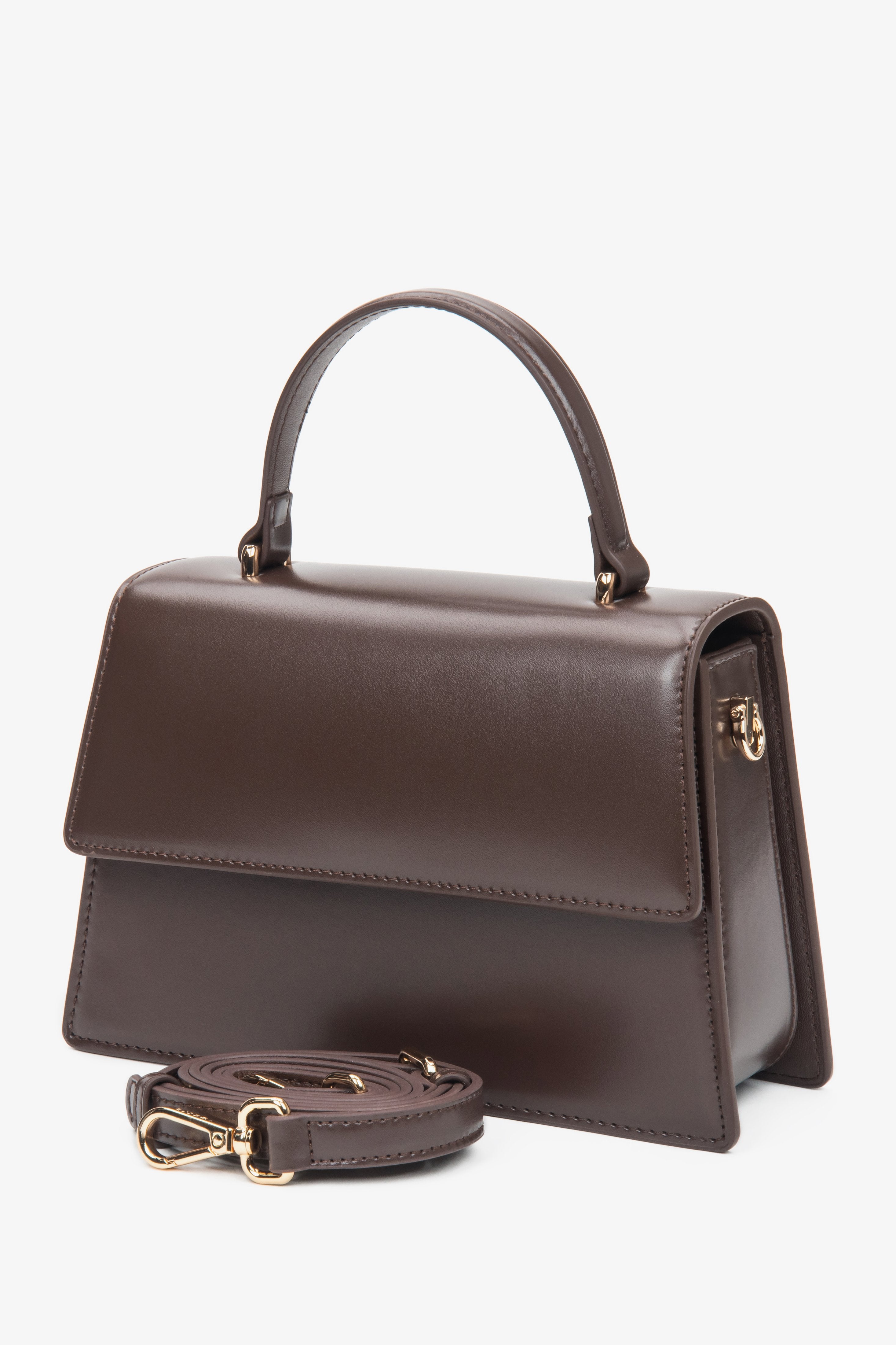 Small dark brown women’s satchel handbag made of genuine leather by Estro.
