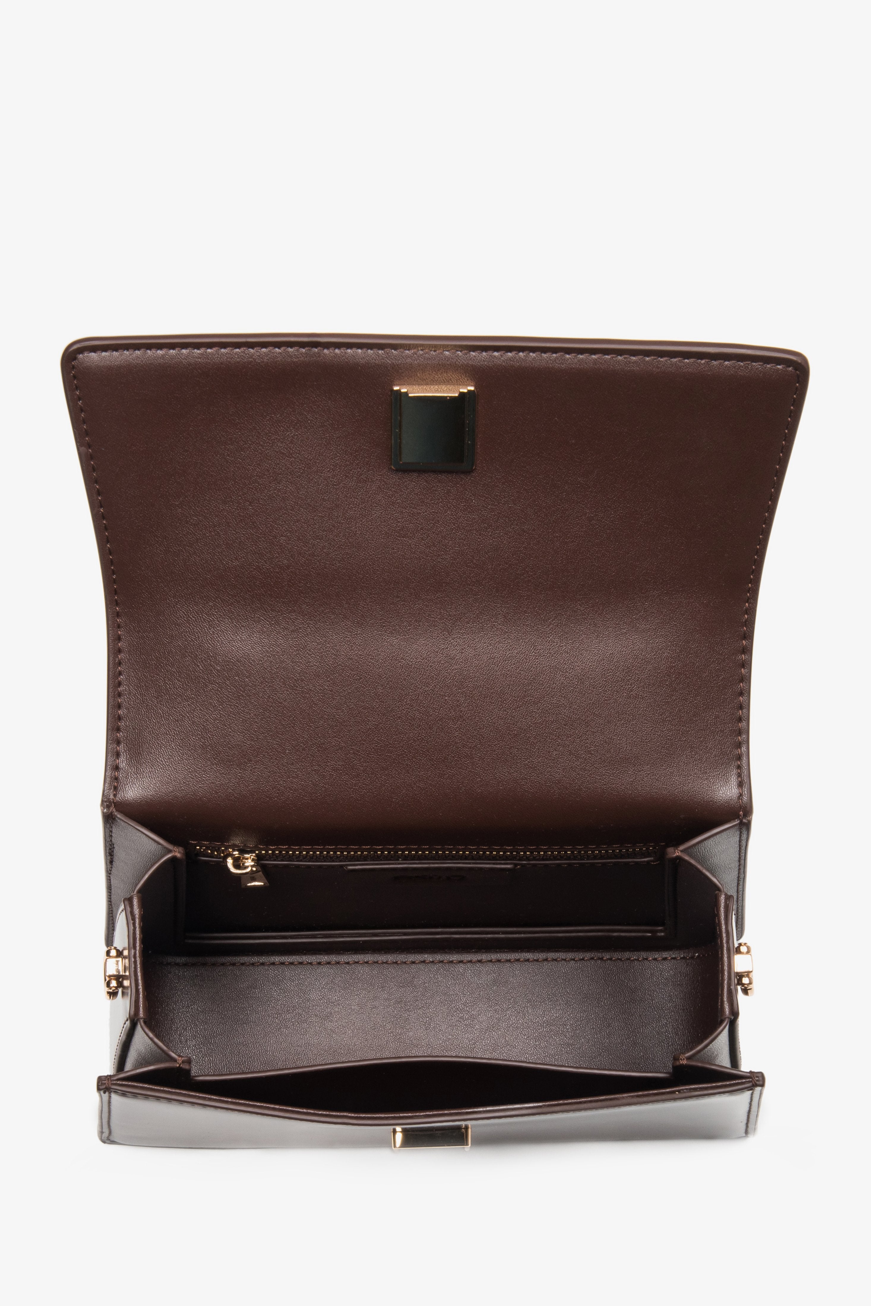 Women’s satchel handbag — small, dark brown, made of genuine leather, Estro.