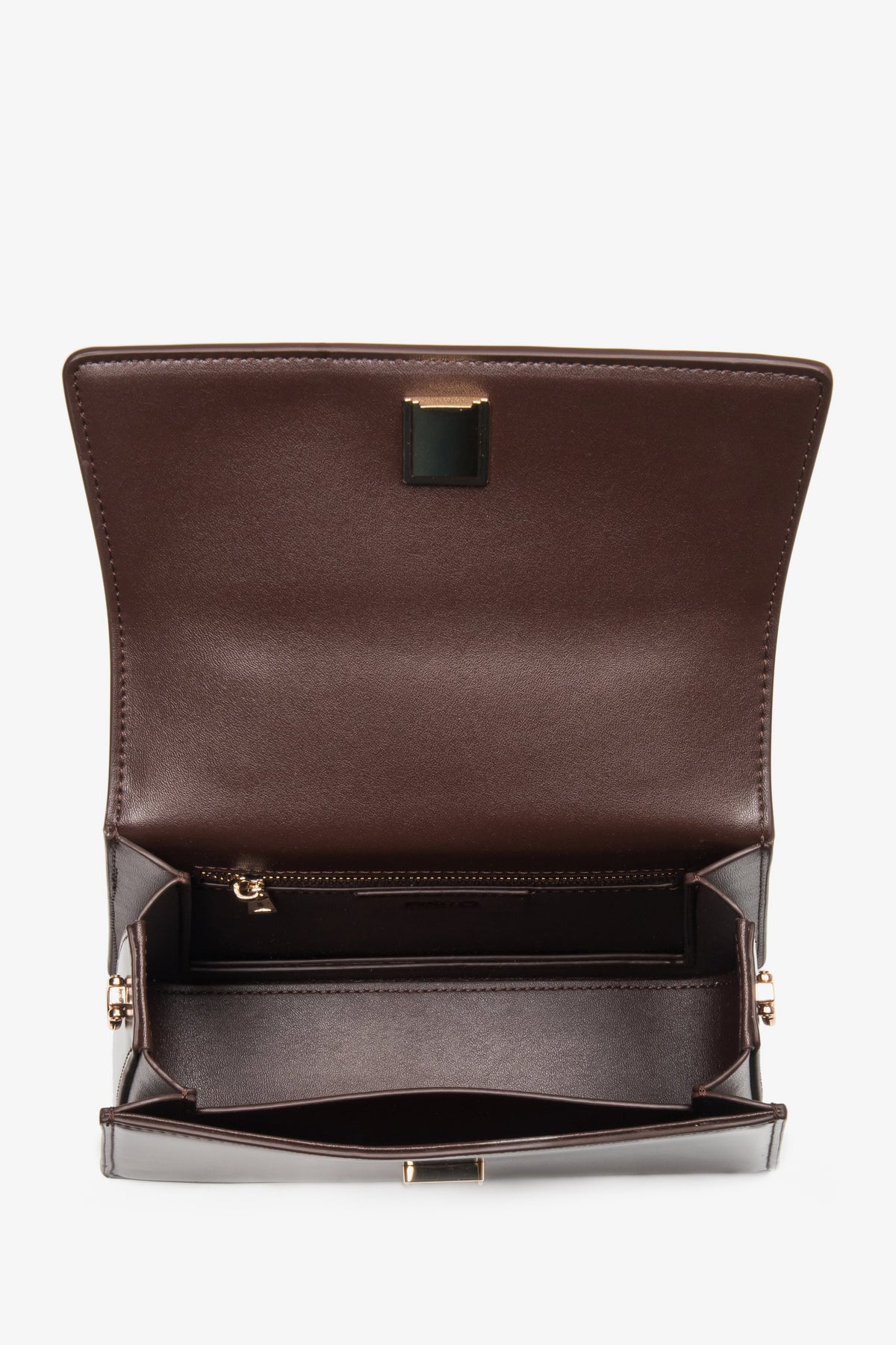 Women’s satchel handbag — small, dark brown, made of genuine leather, Estro.