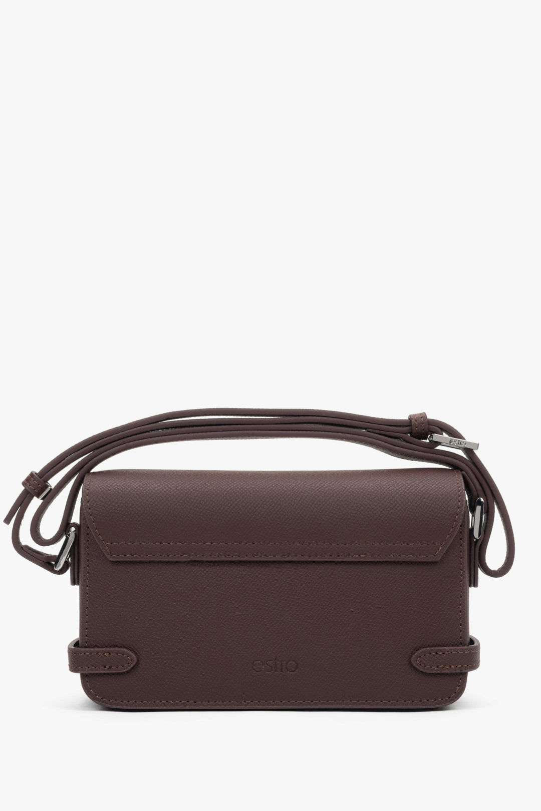 Small dark brown women’s leather shoulder bag.