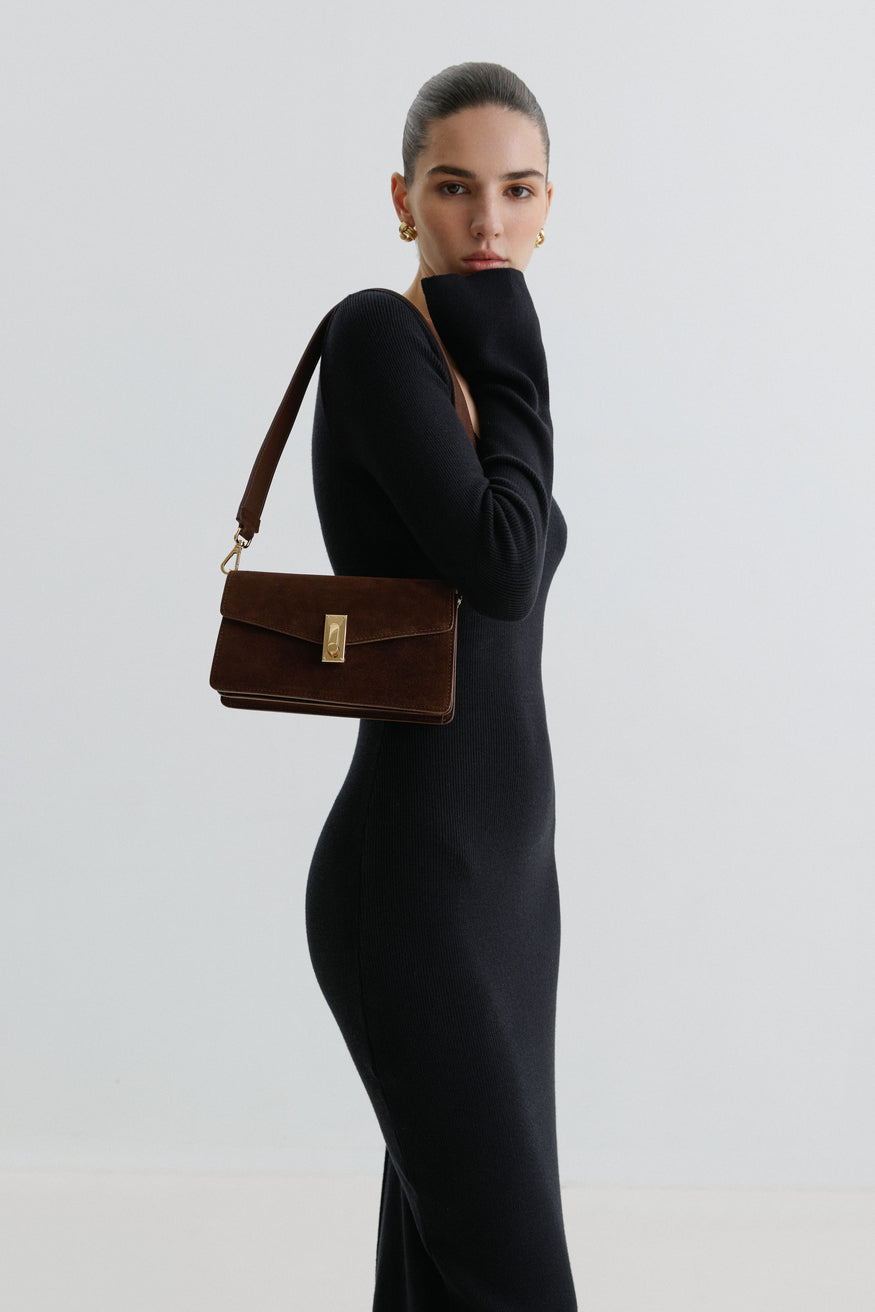 Women’s Small Dark Brown Shoulder Bag made of Genuine Velour Estro.