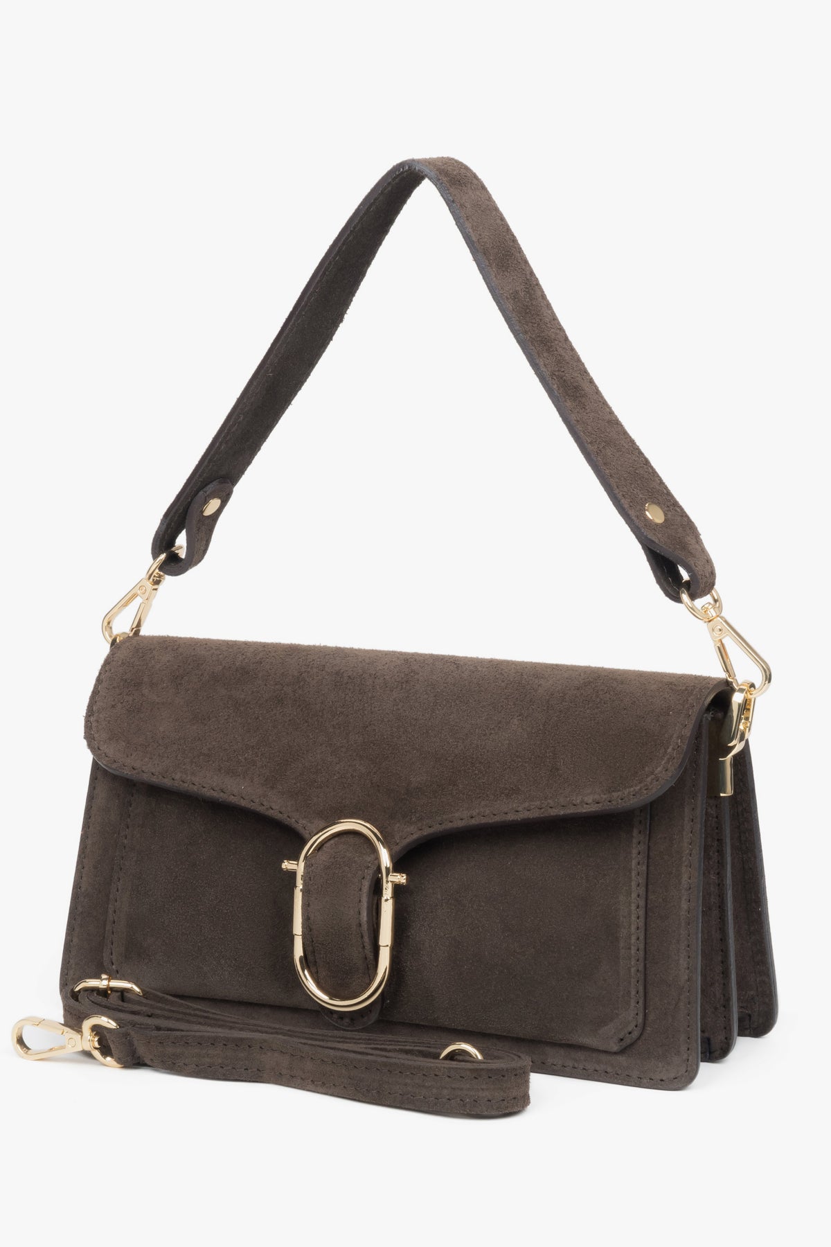 Dark brown shoulder bag by Estro, crafted from luxurious Italian premium velour.