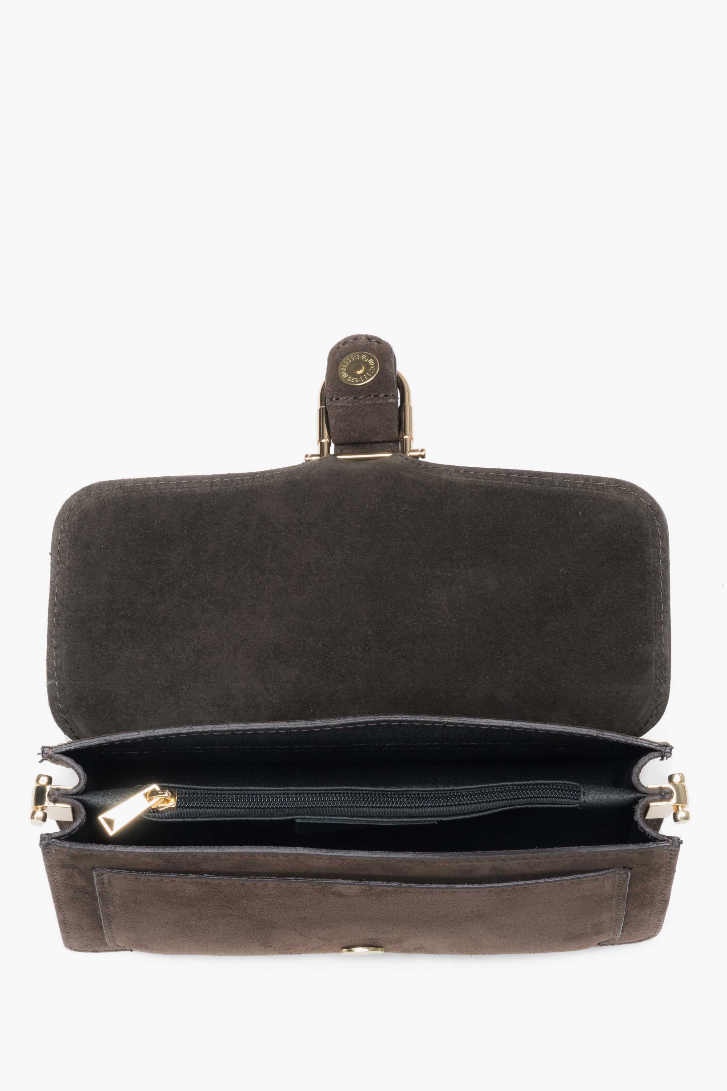 Dark brown shoulder bag by Estro, made of soft velour.