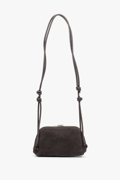 Women's small dark brown soft velour crossbody bag Estro - close-up of details.