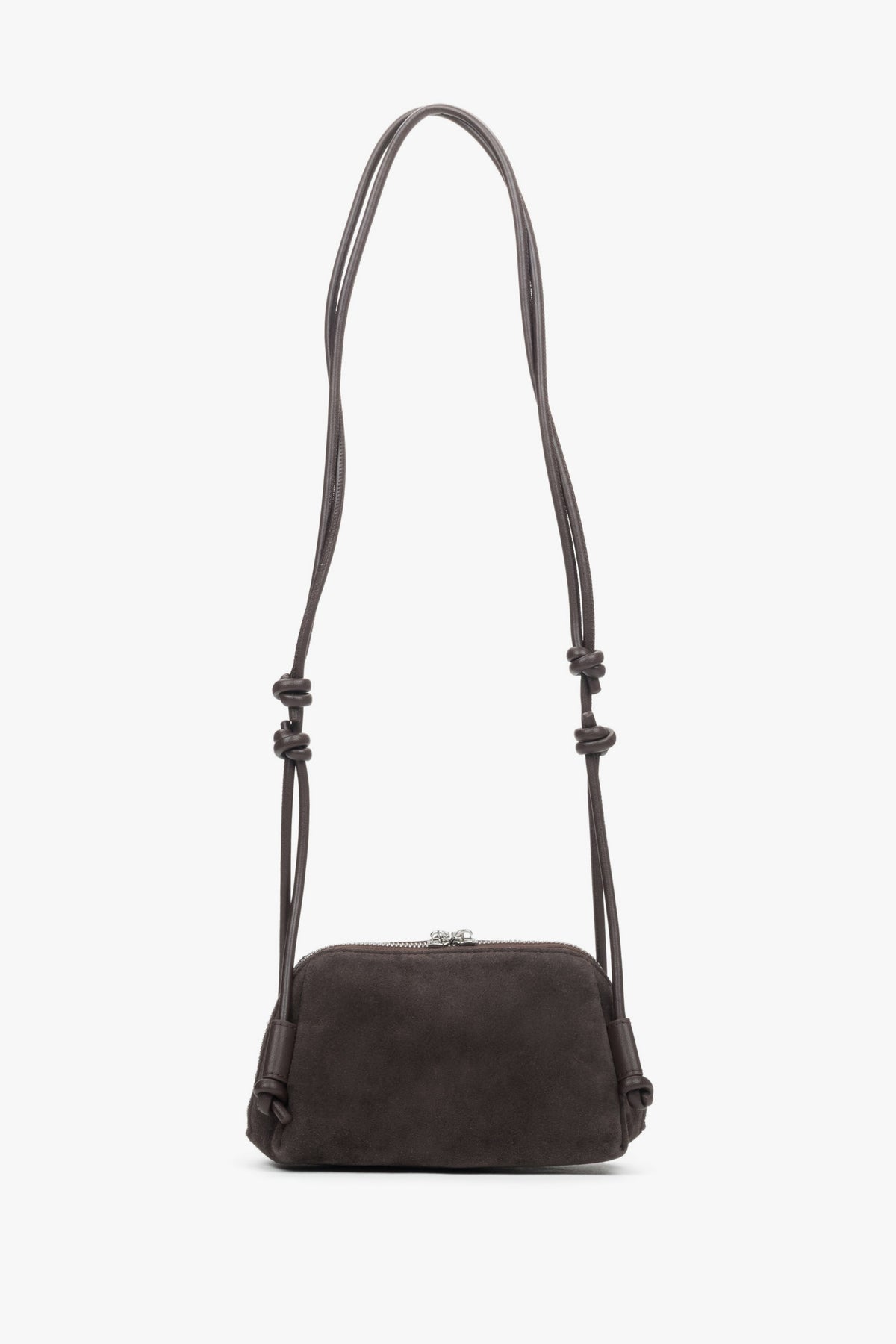 Women's small dark brown soft velour crossbody bag Estro - close-up of details.