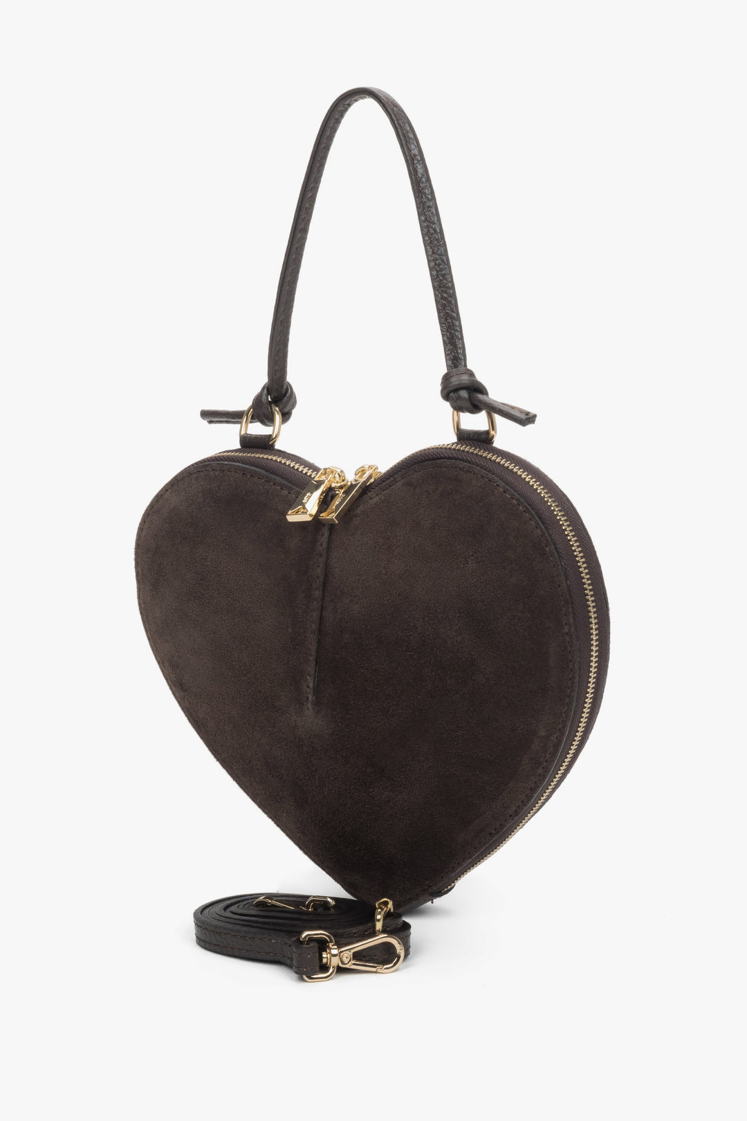 Women's small dark brown heart-shaped handbag made of genuine velour Estro ER00118338.