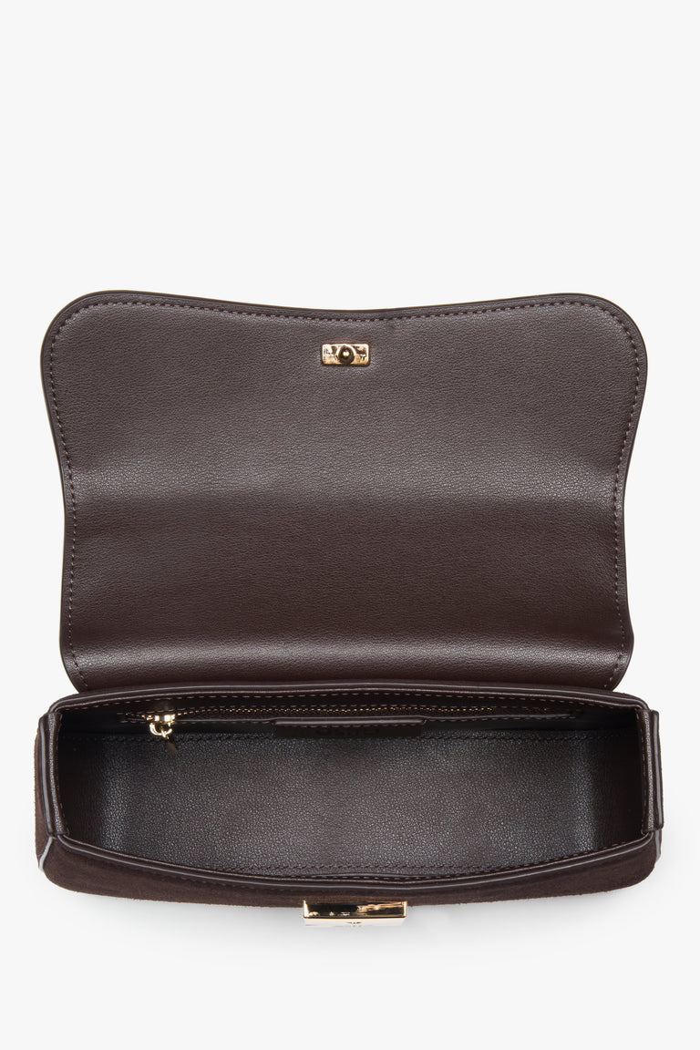 Women’s small dark brown satchel handbag made of genuine velour by Estro.