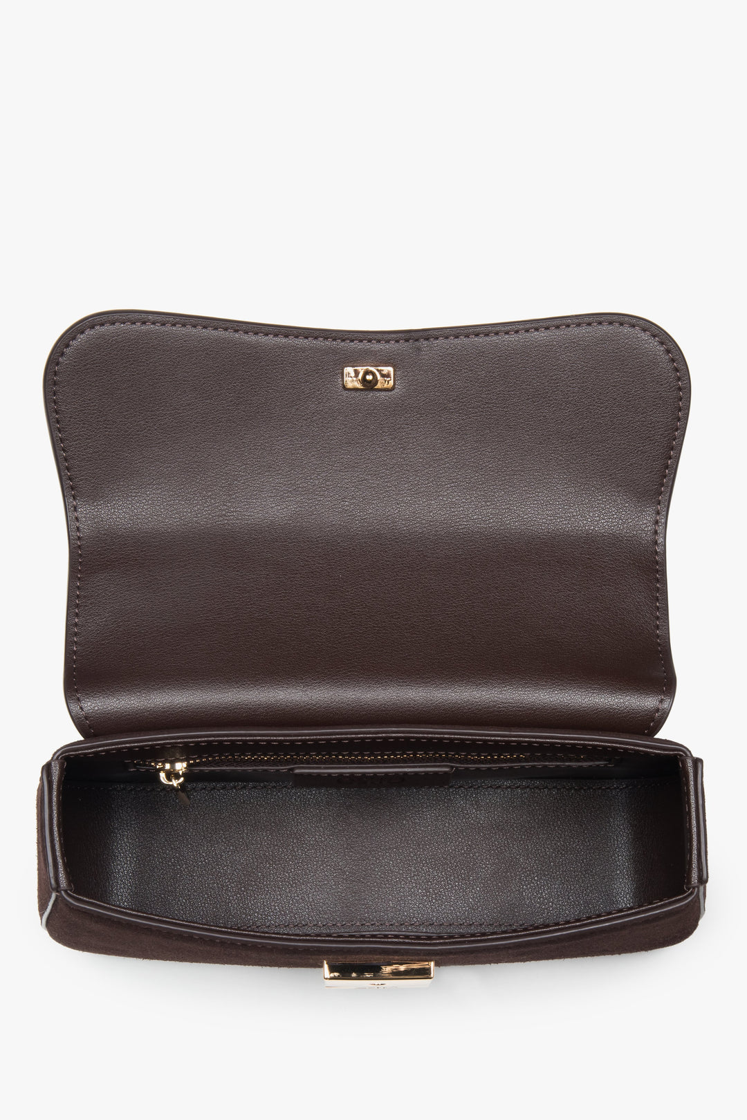 Women’s small dark brown satchel handbag made of genuine velour by Estro.