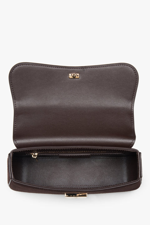 Women’s small dark brown satchel handbag made of genuine velour by Estro.