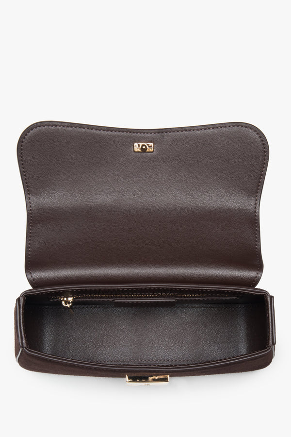 Women’s small dark brown satchel handbag made of genuine velour by Estro.