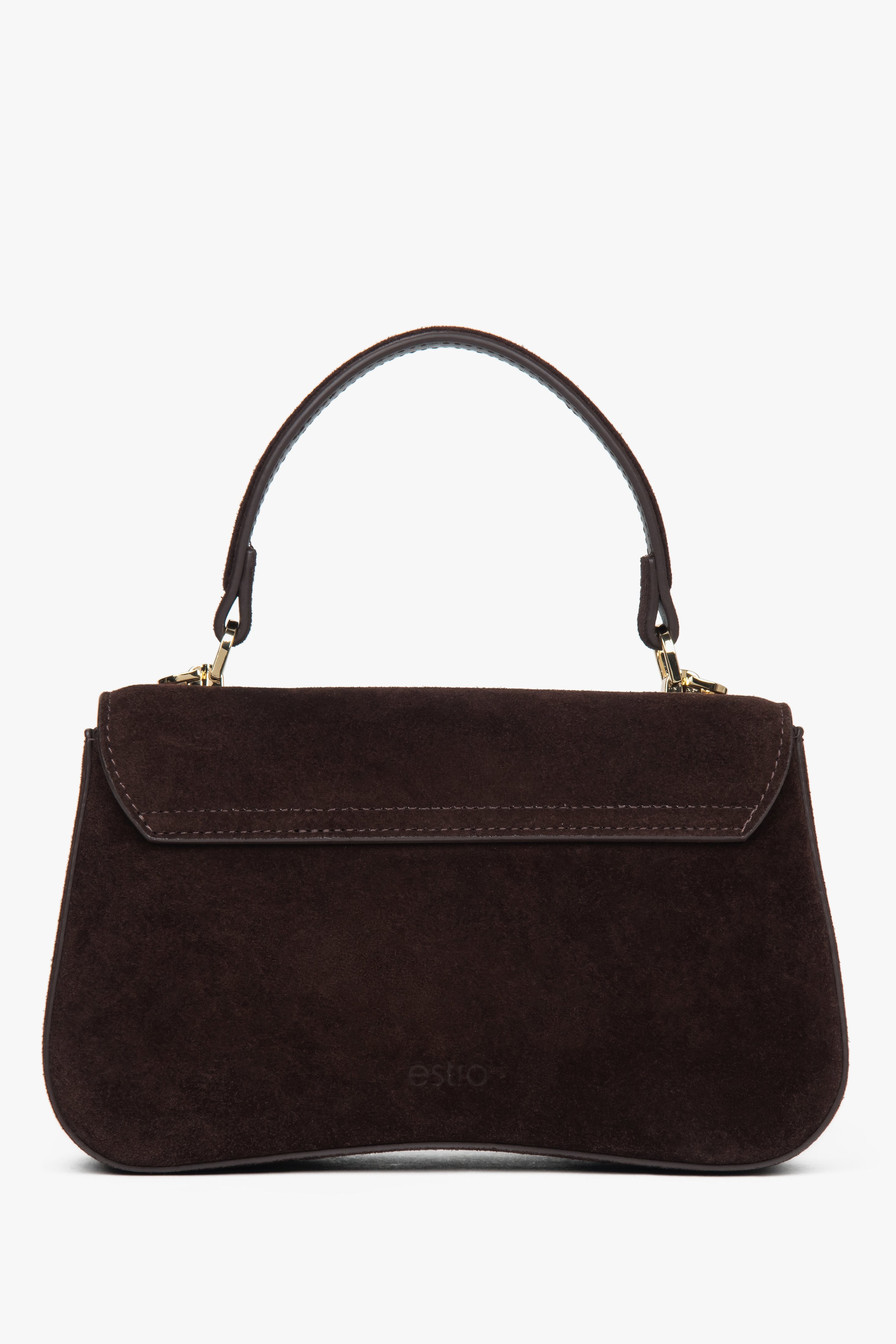 Dark brown small women’s satchel handbag by Estro, made of genuine velour.