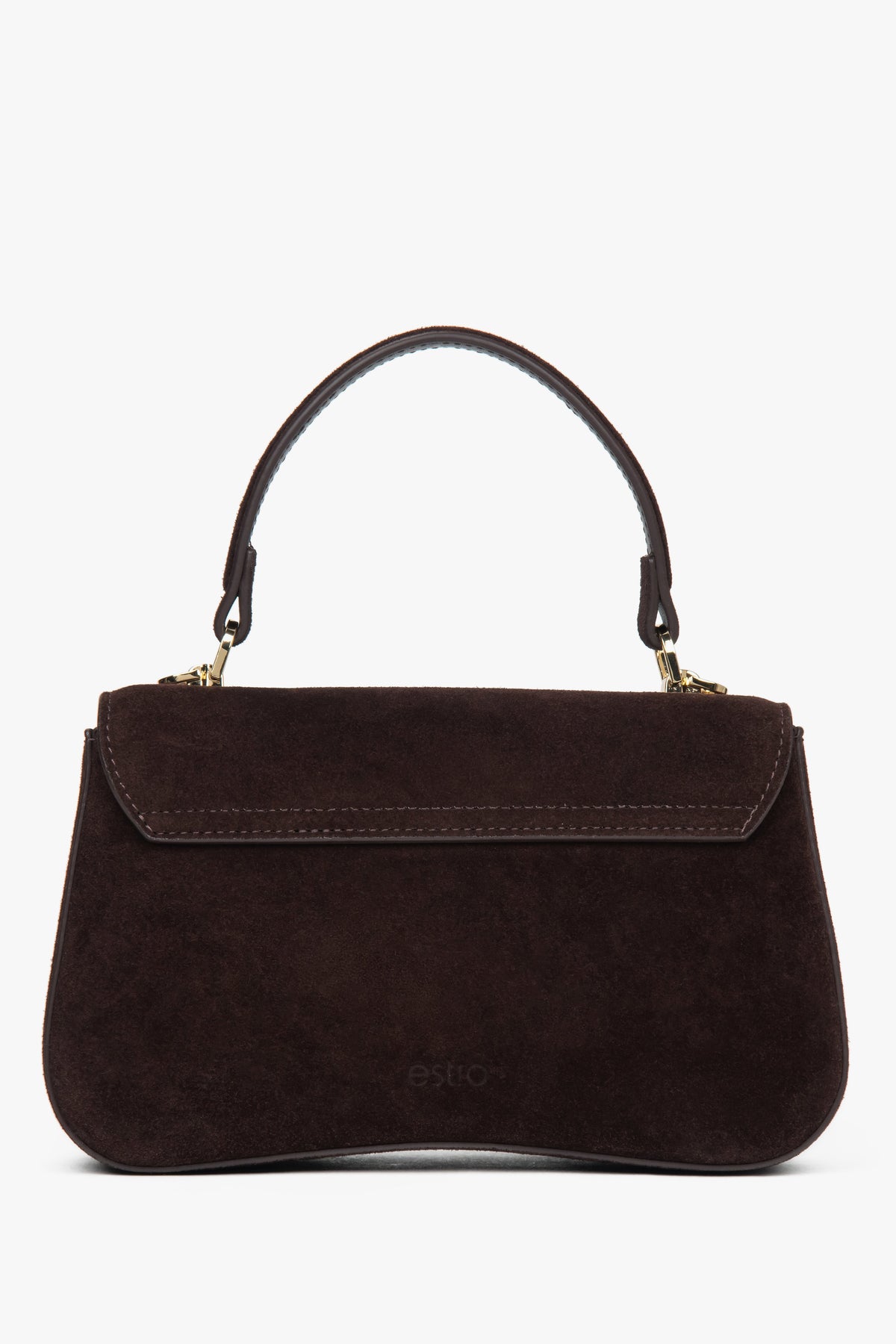 Dark brown small women’s satchel handbag by Estro, made of genuine velour.