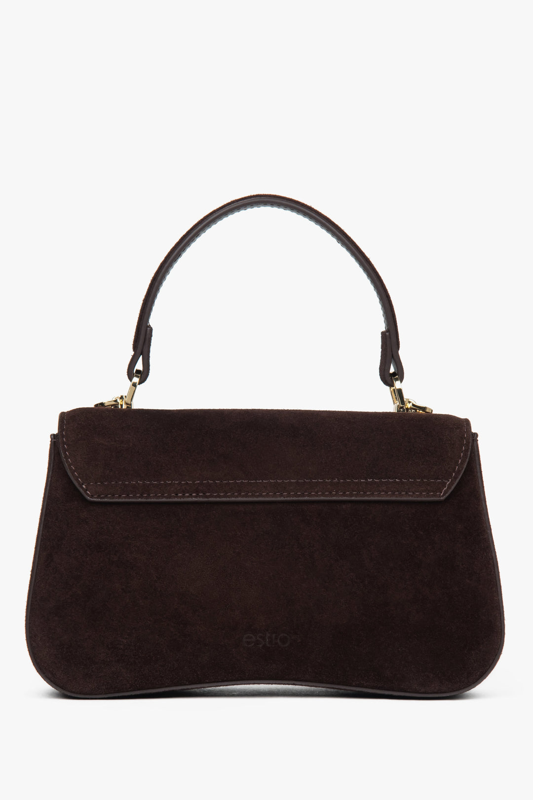 Dark brown small women’s satchel handbag by Estro, made of genuine velour.