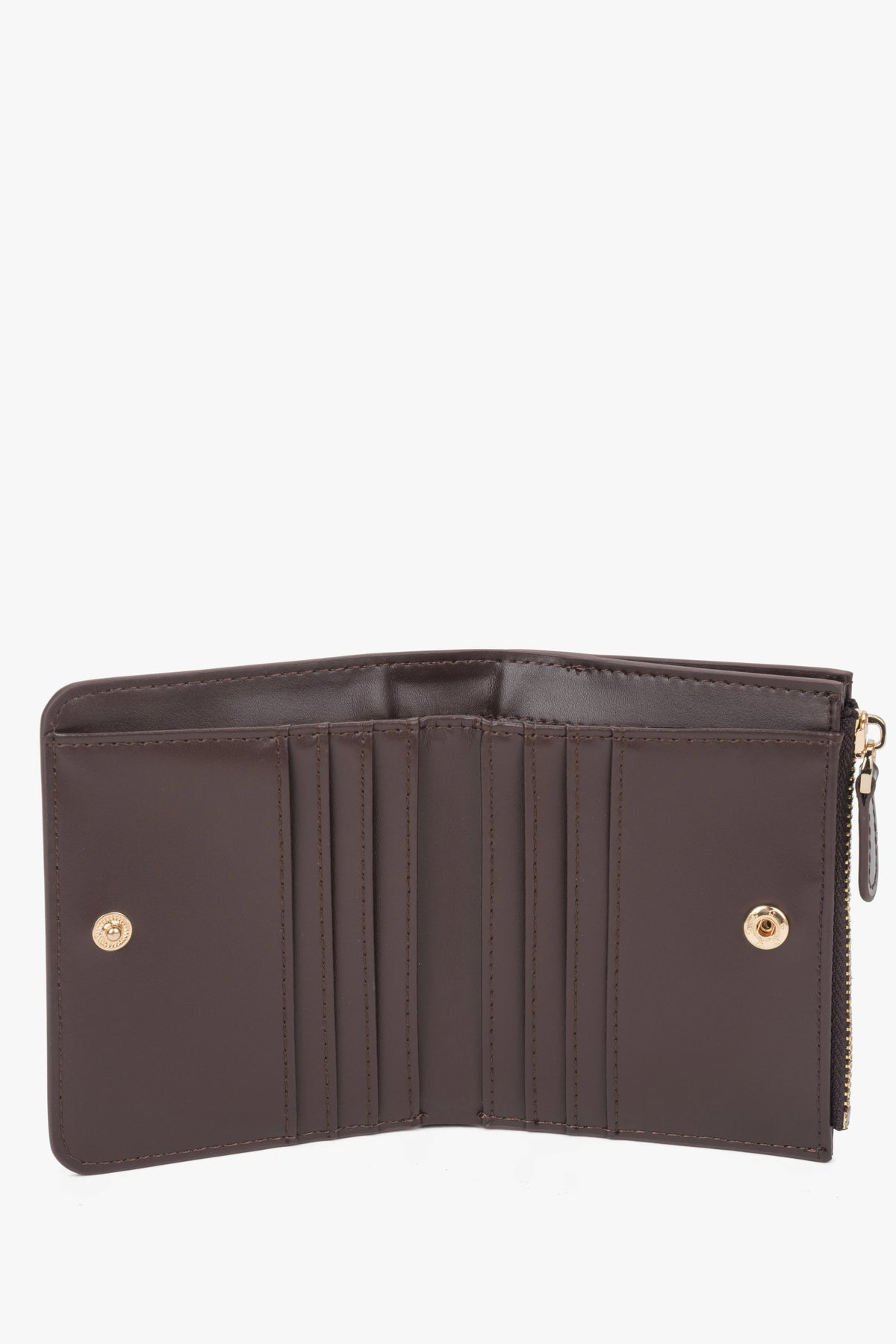 Small dark brown women’s wallet made of genuine leather.
