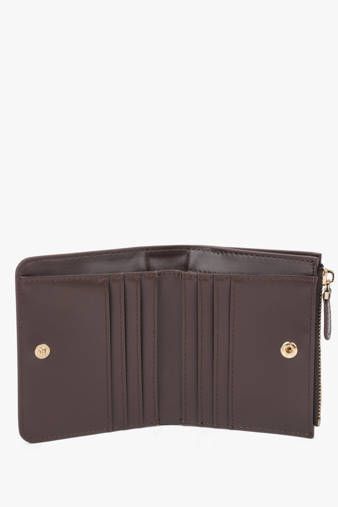 Small dark brown women’s wallet made of genuine leather.