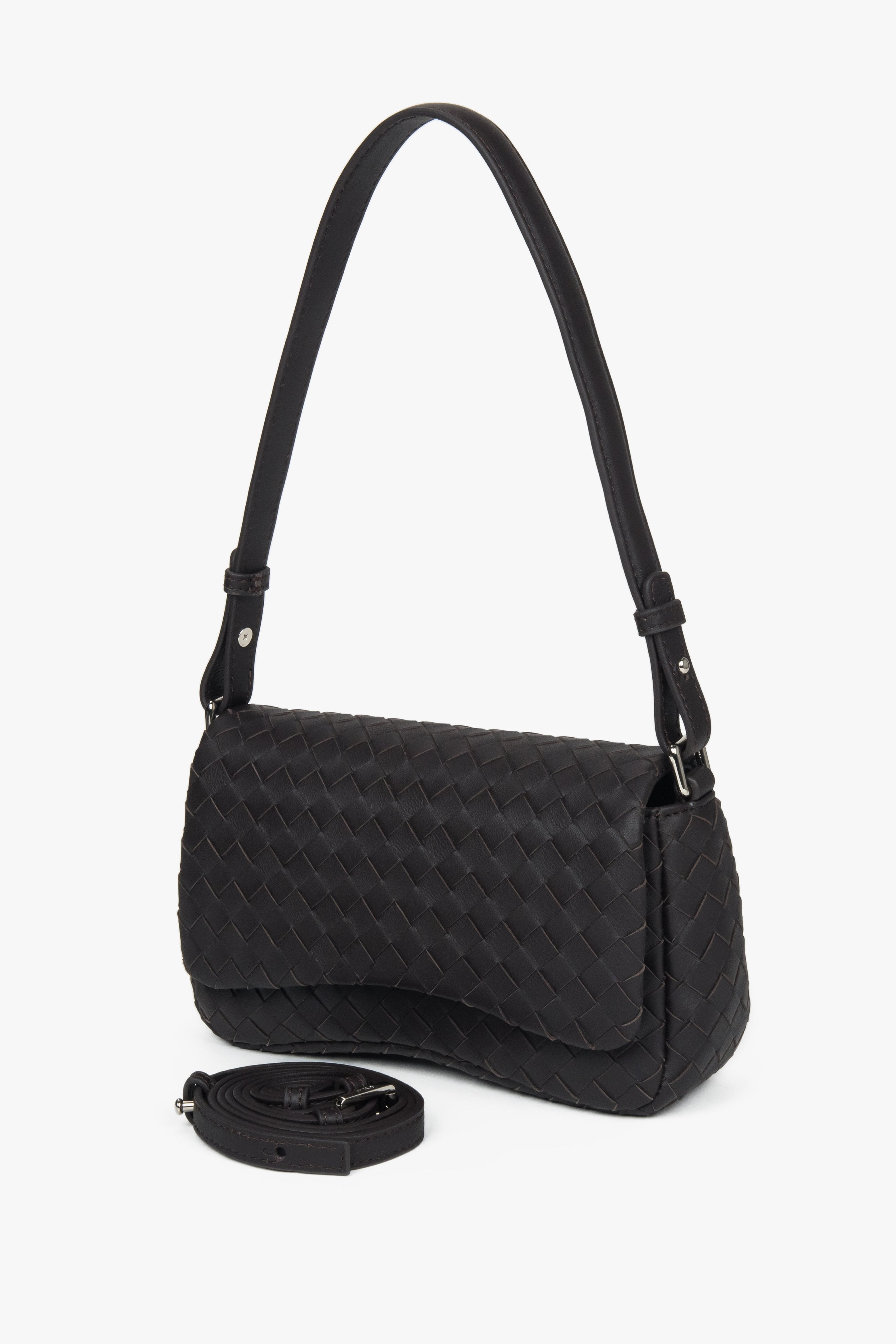 Women’s small dark brown shoulder bag made of woven genuine leather.