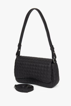Women’s small dark brown shoulder bag made of woven genuine leather.