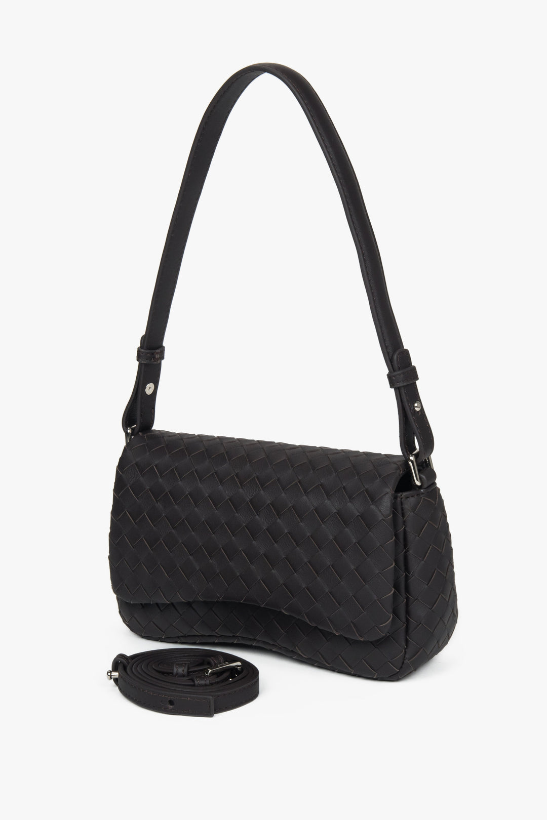 Women’s small dark brown shoulder bag made of woven genuine leather.