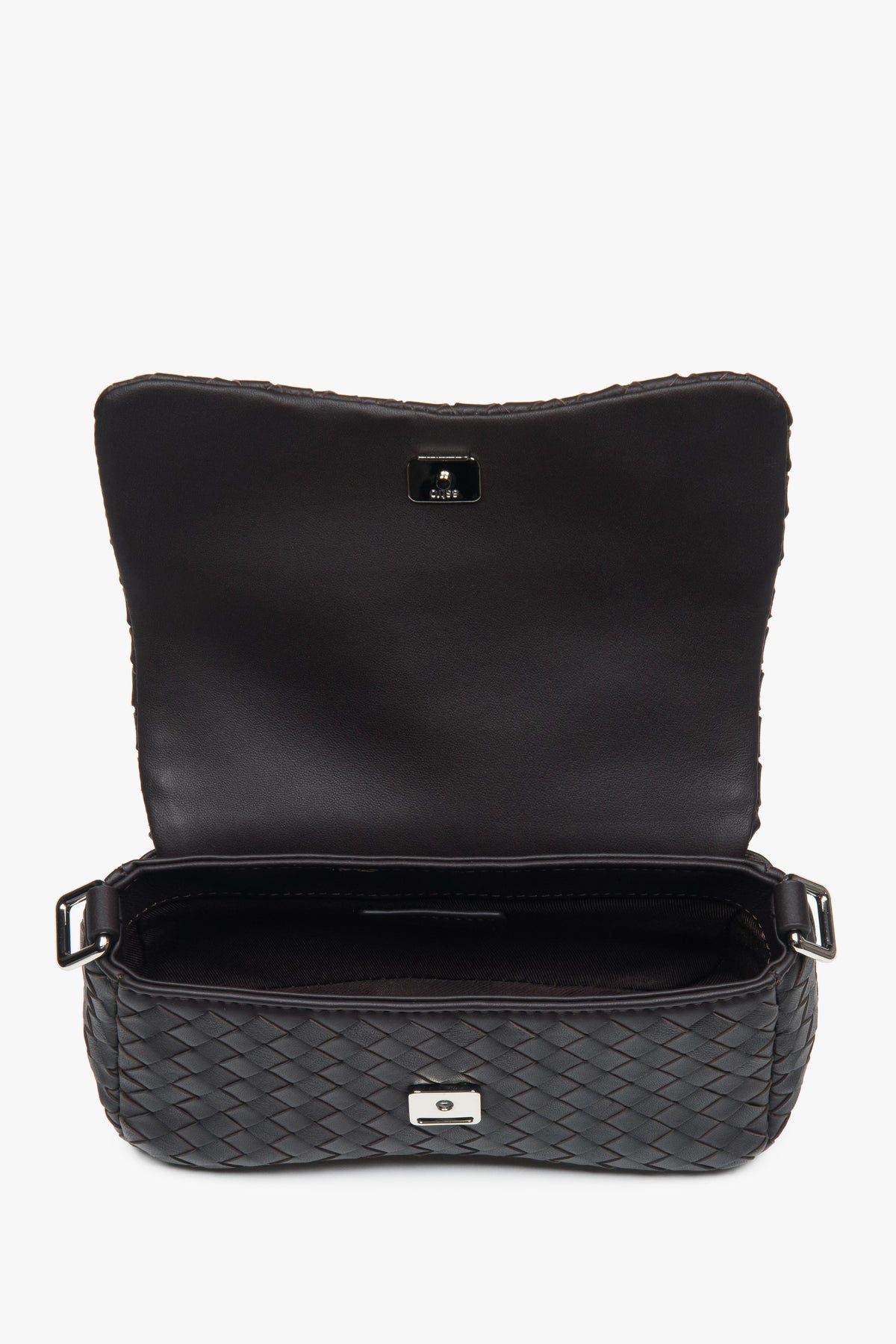Women’s small dark brown shoulder bag made of woven genuine leather by Estro.