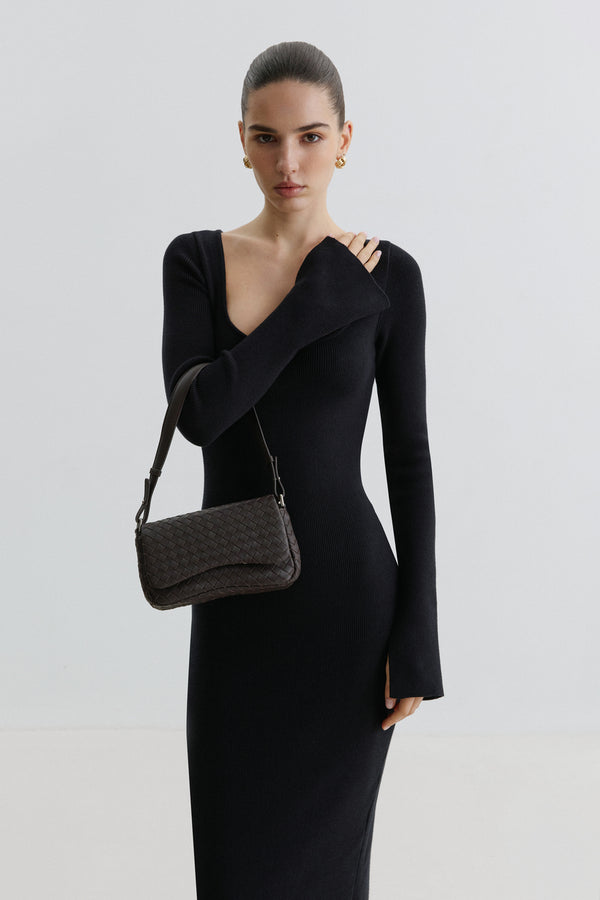 Women’s Small Dark Brown Woven Leather Shoulder Bag Estro.