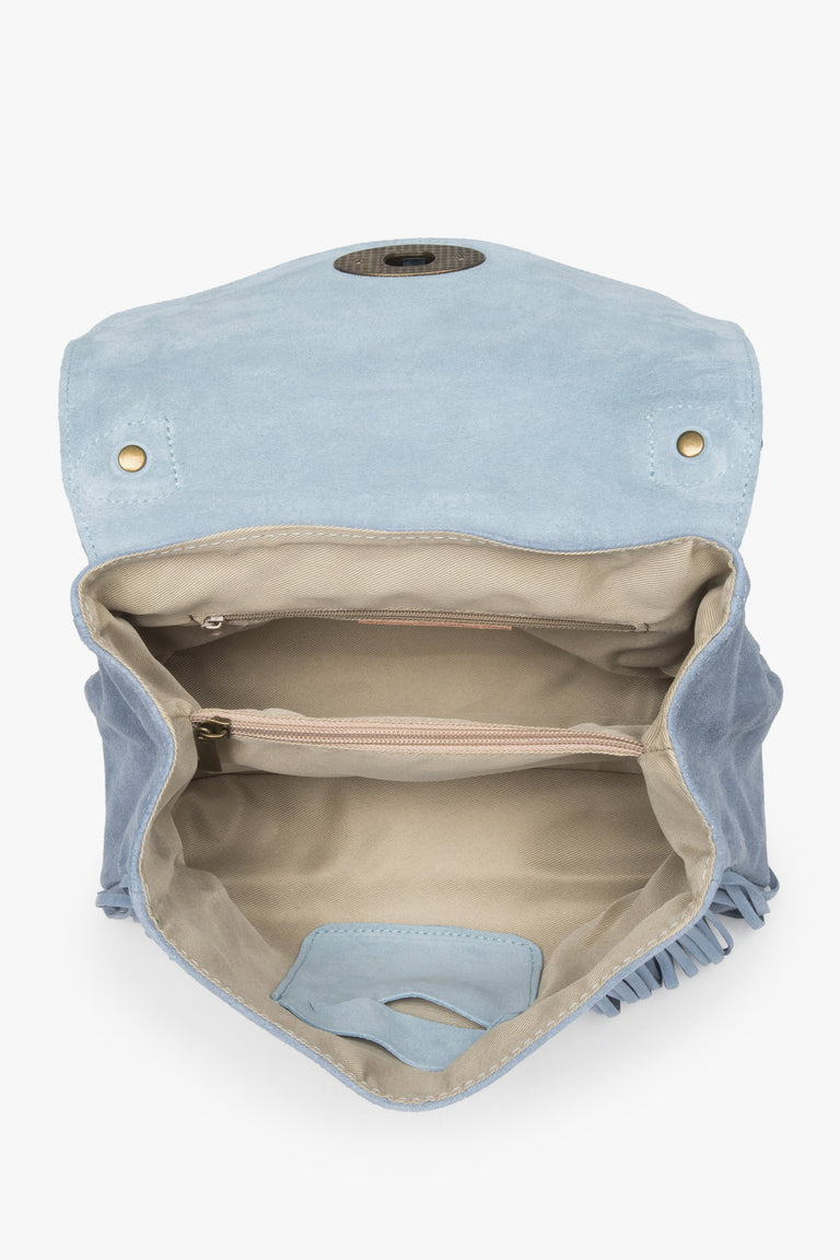 Luxurious small handbag by Estro, crafted from fine natural velour sourced directly from Italy, in a blue shade.