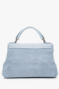 Small light blue women's handbag made of natural velour by Estro – back view.