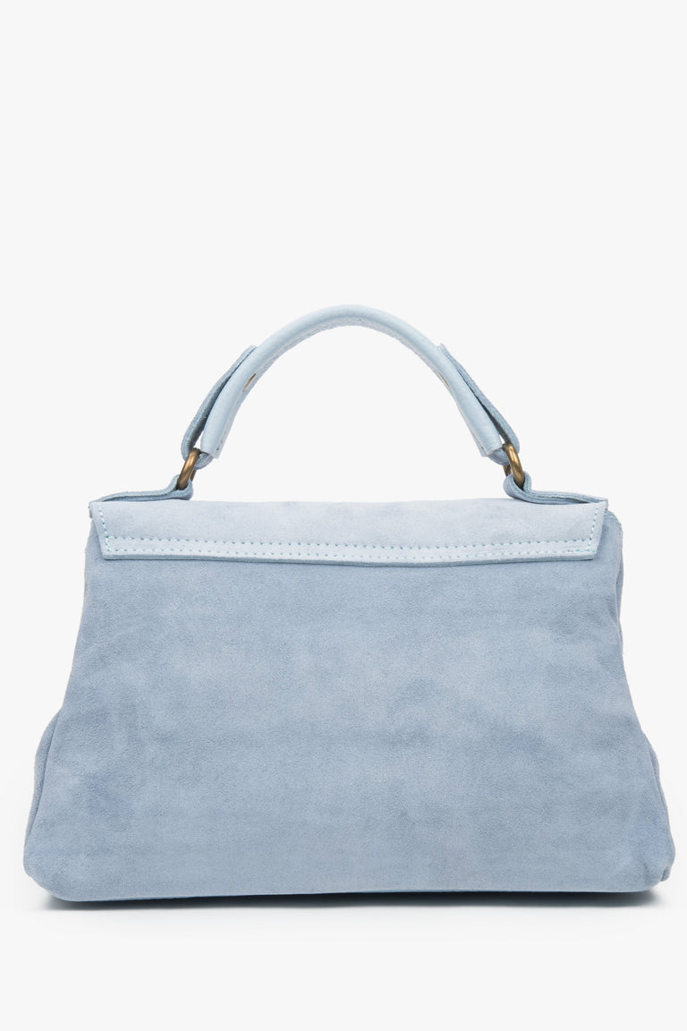 Small light blue women's handbag made of natural velour by Estro – back view.